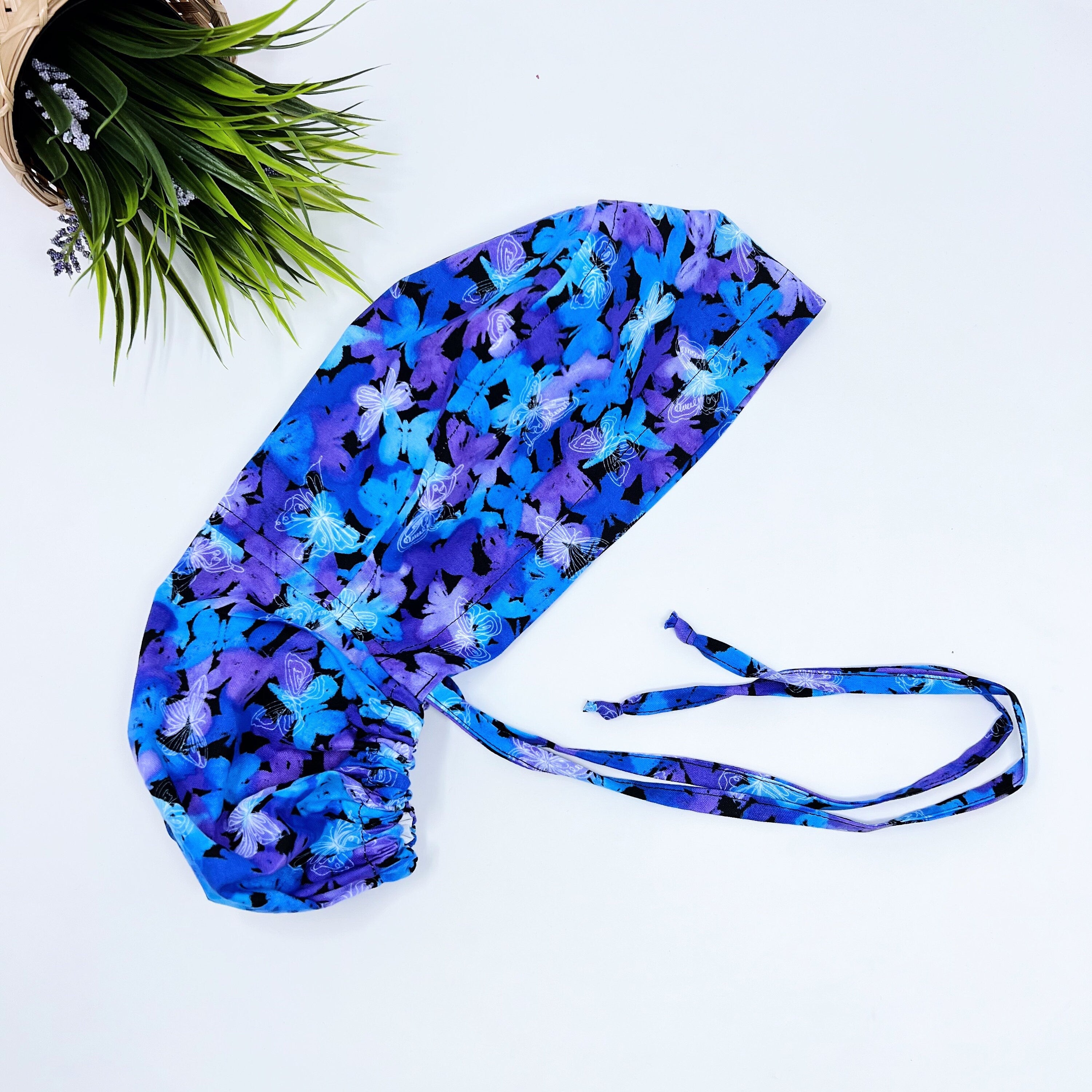 Butterflies Ponytail scrub cap for women with satin lined option by Paradise Caps.