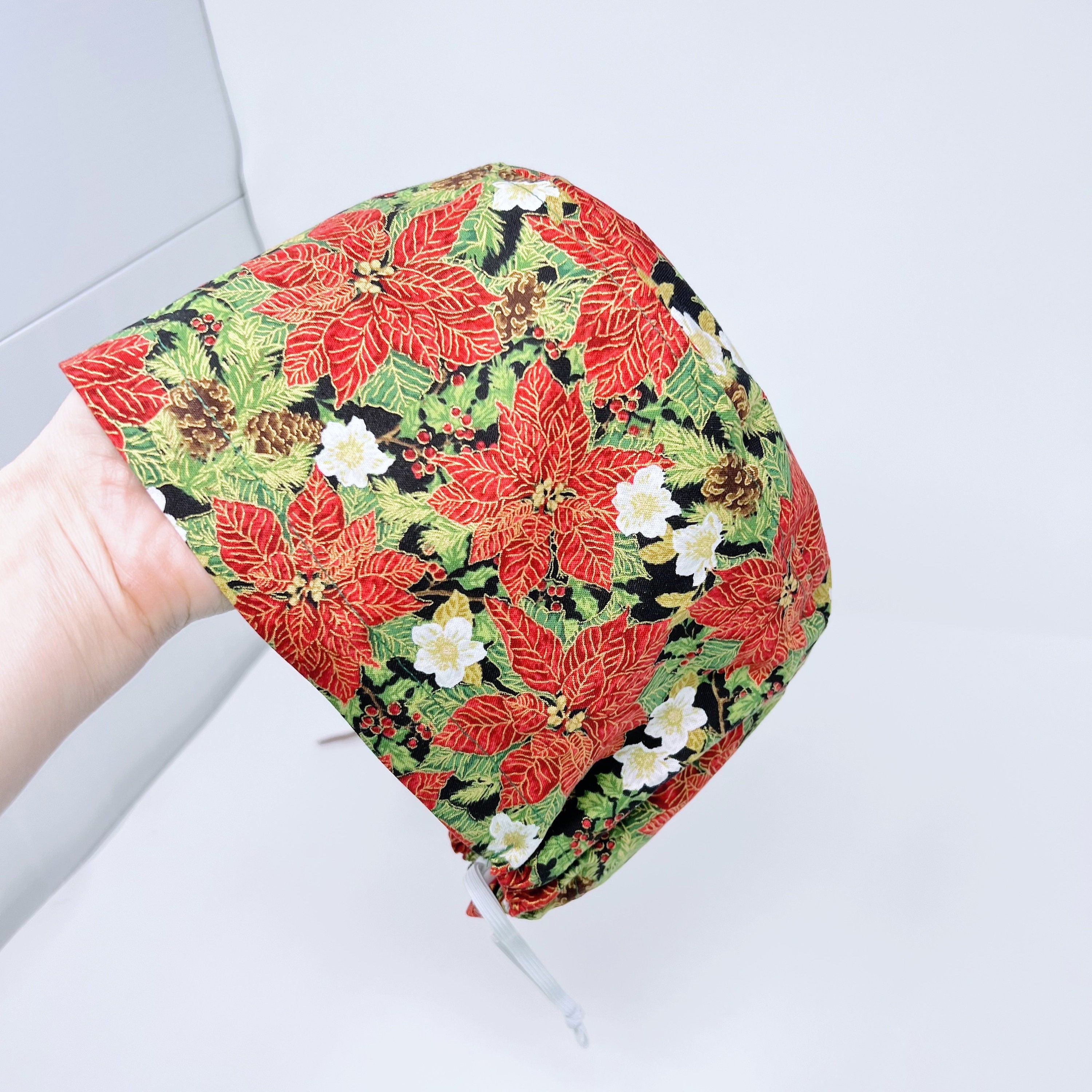 Red Gilded Poinsettias Euro Scrub Cap for Women with Satin Lined Option by Paradise Caps.