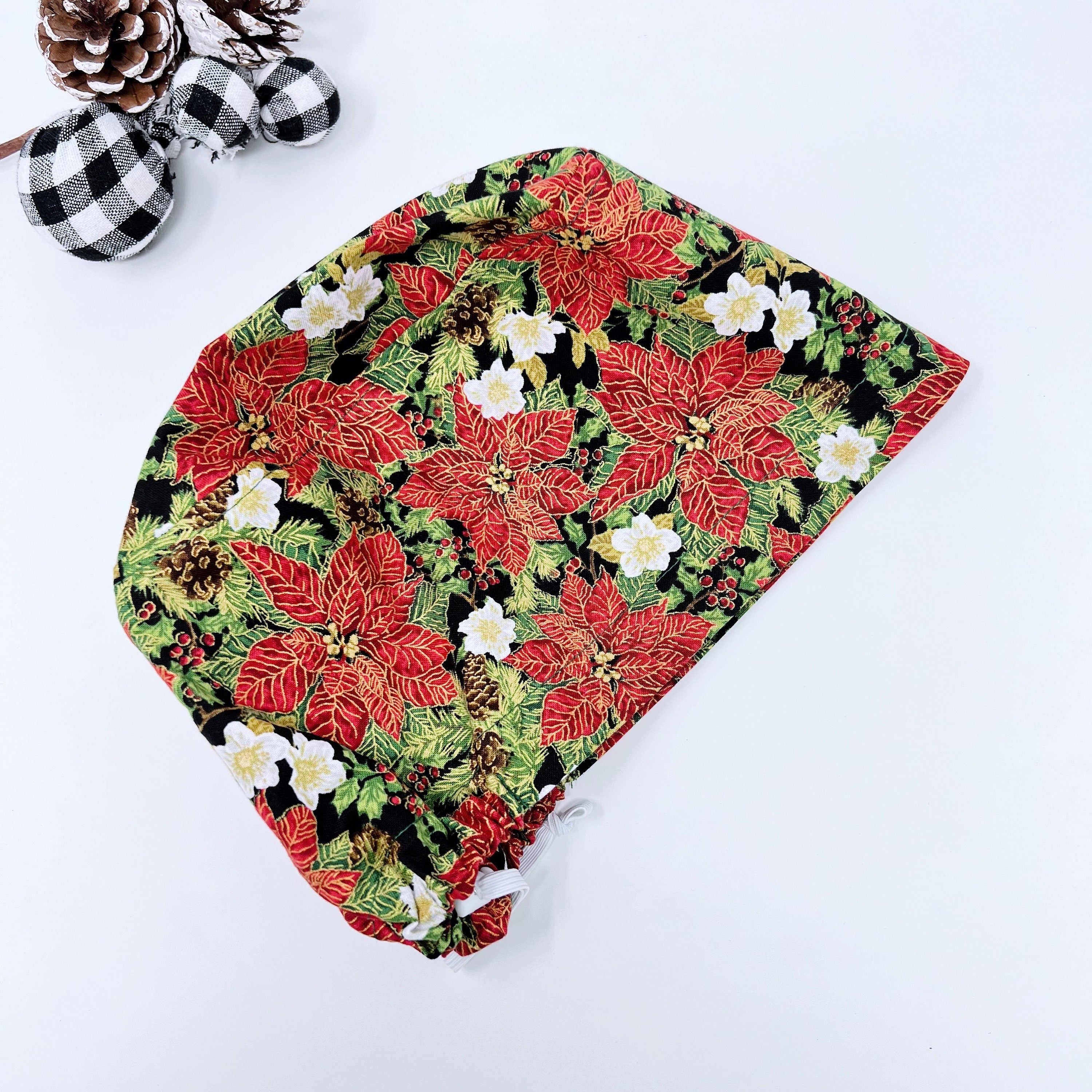 Red Gilded Poinsettias Euro Scrub Cap for Women with Satin Lined Option by Paradise Caps.