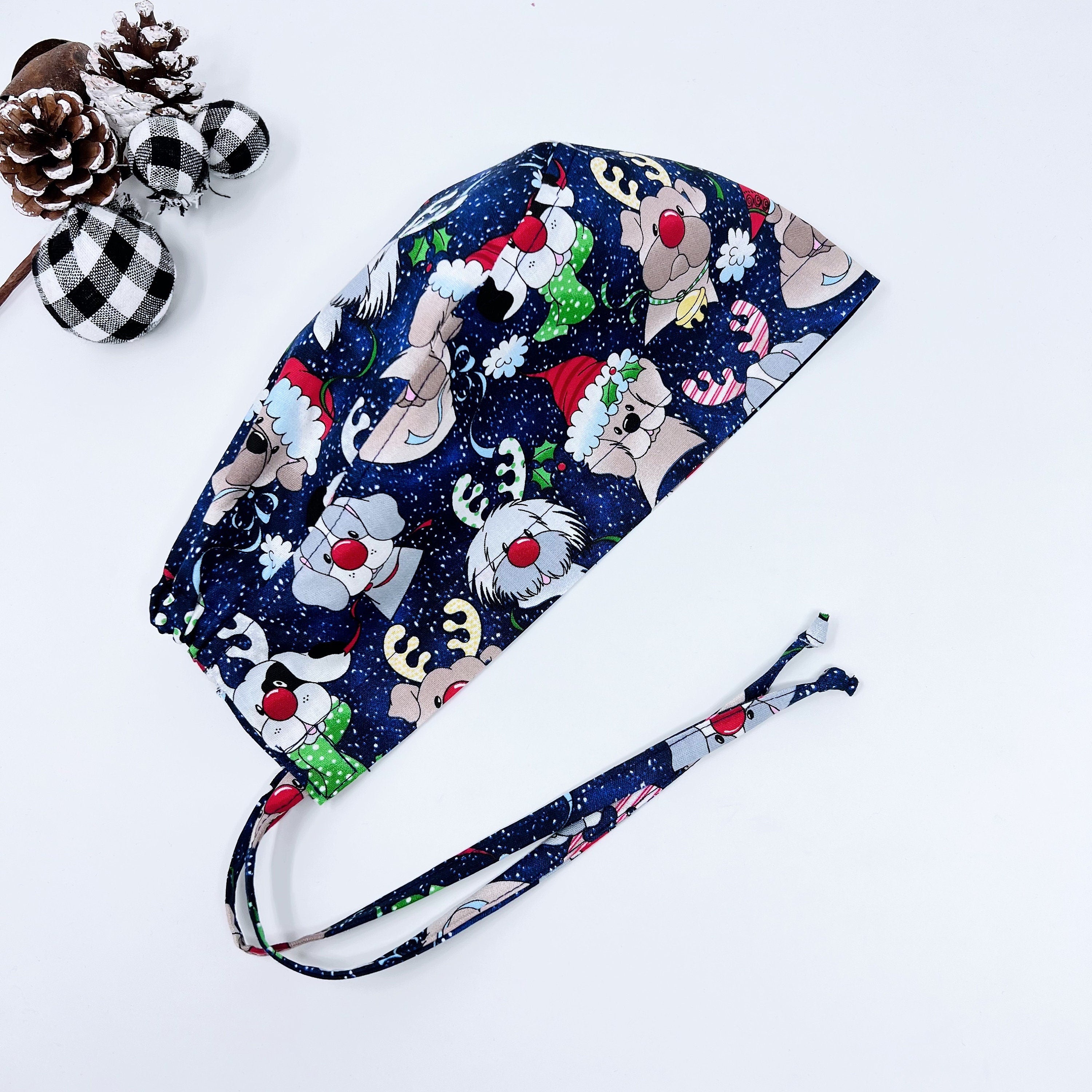 Christmas dogs skull tie-back style surgical scrub cap for men by Paradise Caps.