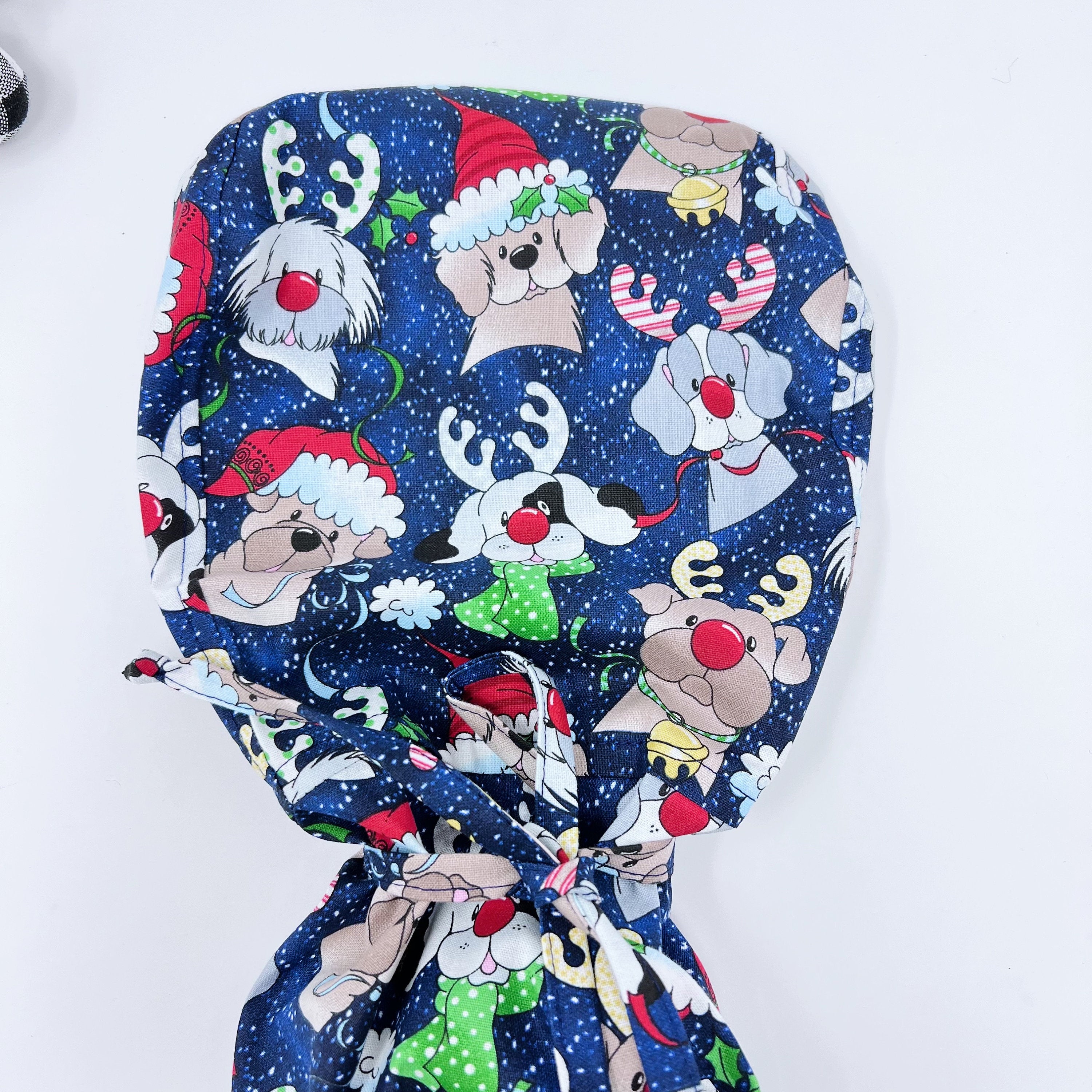 Christmas dogs Ponytail scrub cap for women with satin lined option by Paradise Caps.