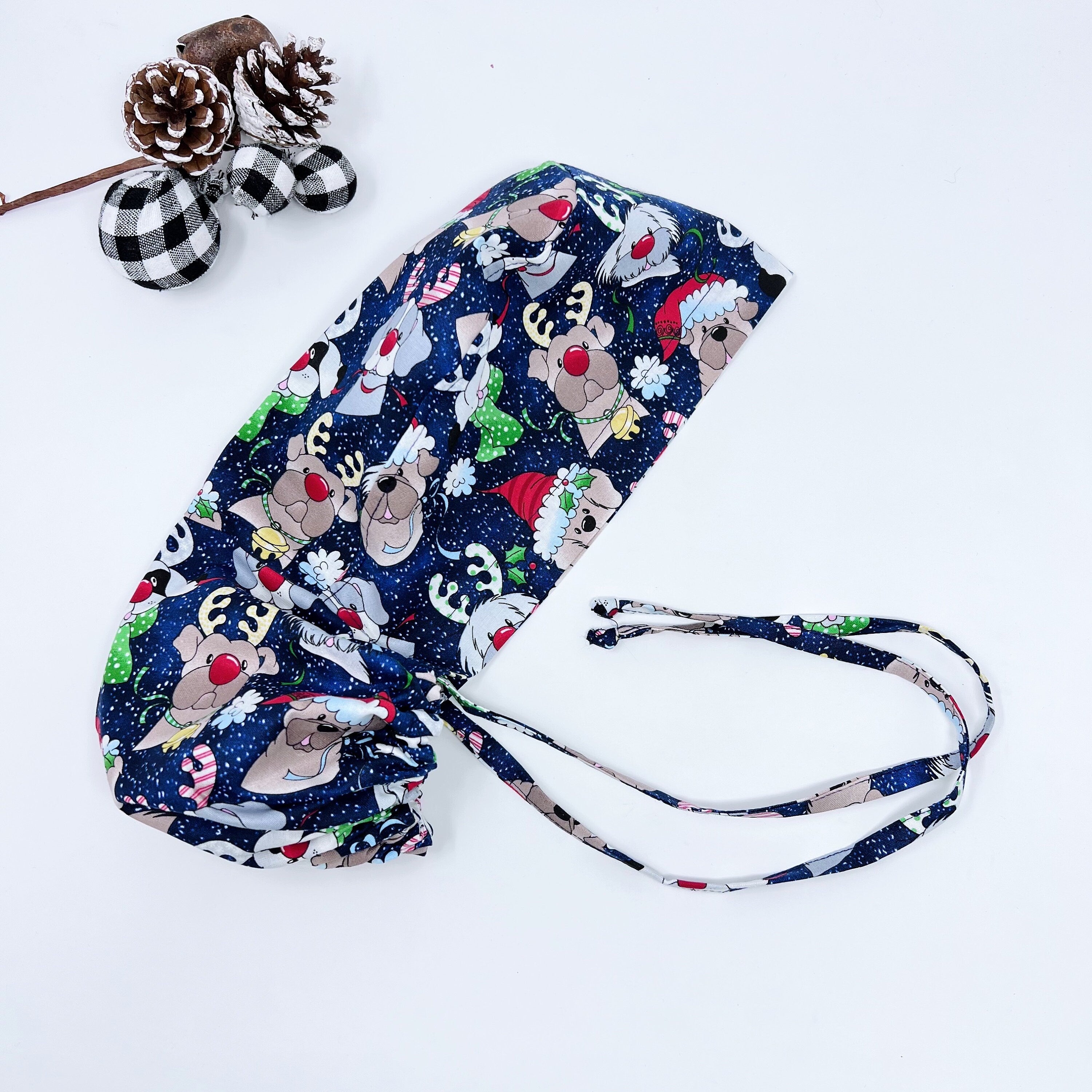 Christmas dogs Ponytail scrub cap for women with satin lined option by Paradise Caps.