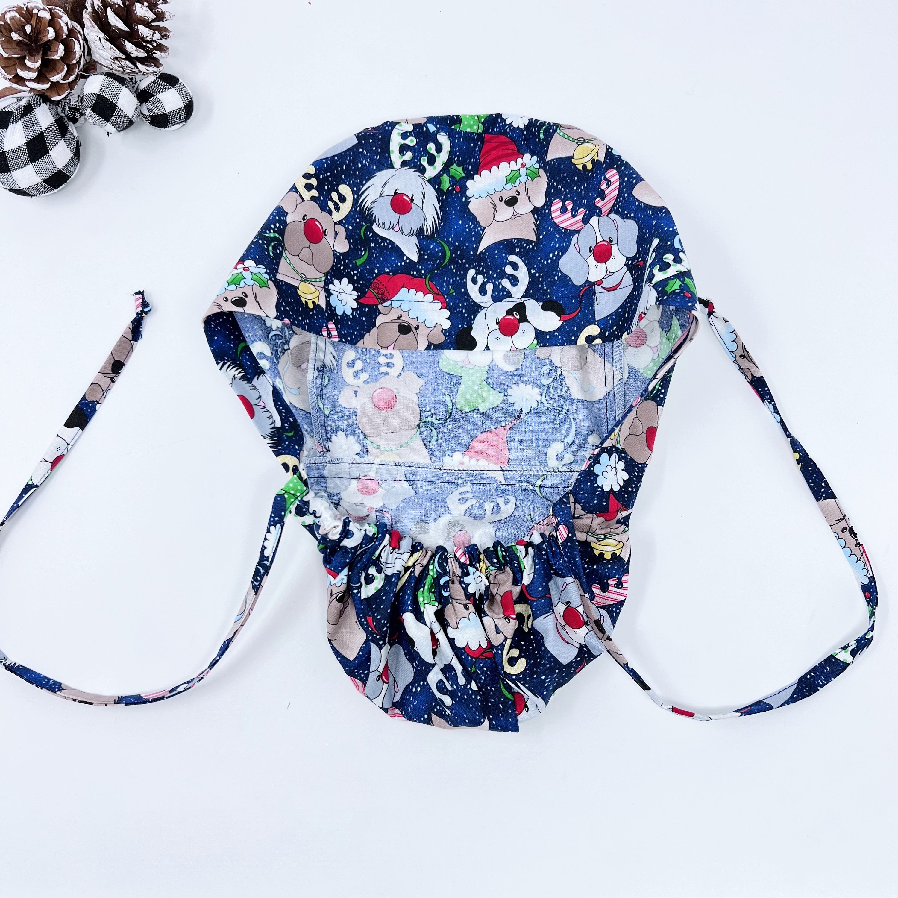 Christmas dogs Ponytail scrub cap for women with satin lined option by Paradise Caps.