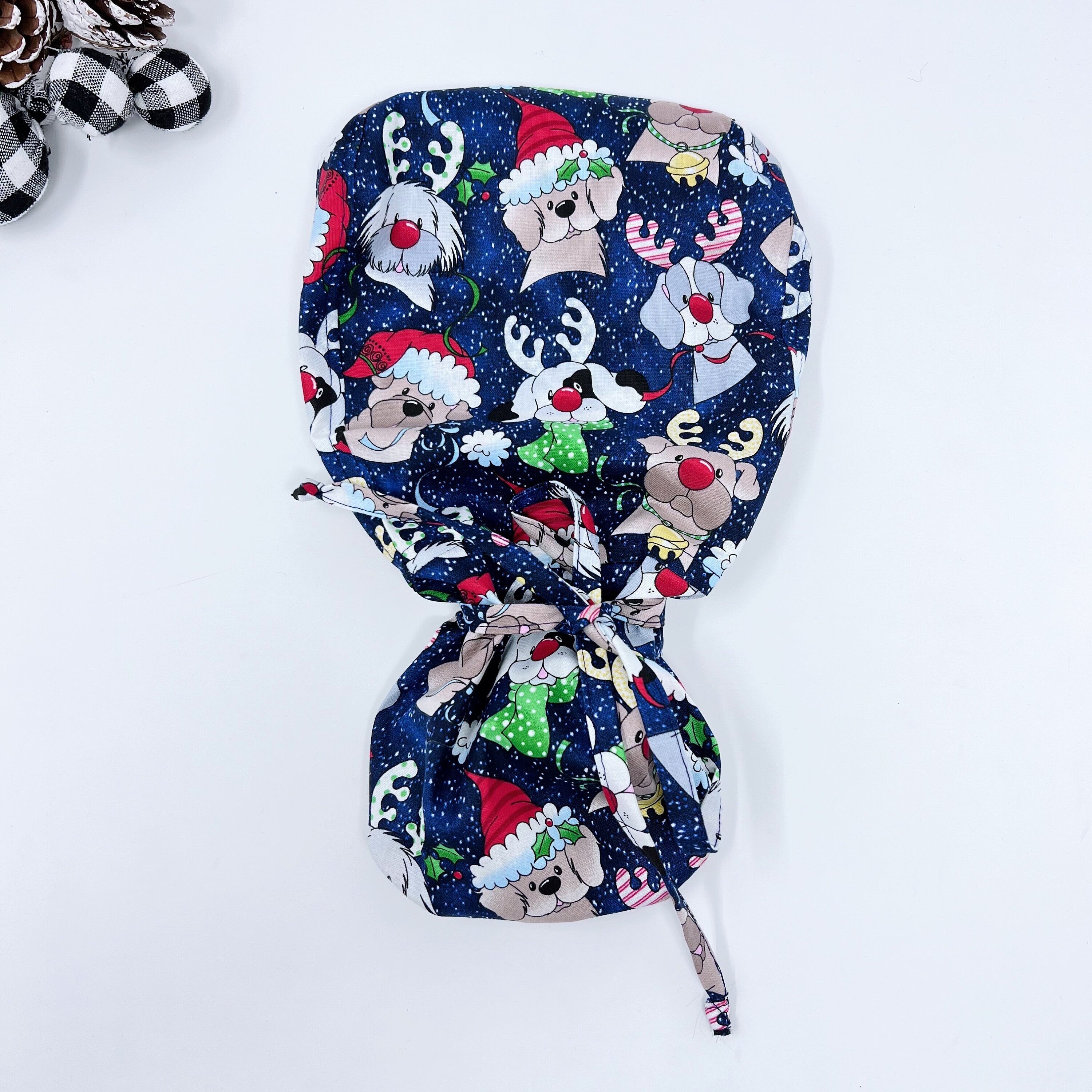 Christmas dogs Ponytail scrub cap for women with satin lined option by Paradise Caps.