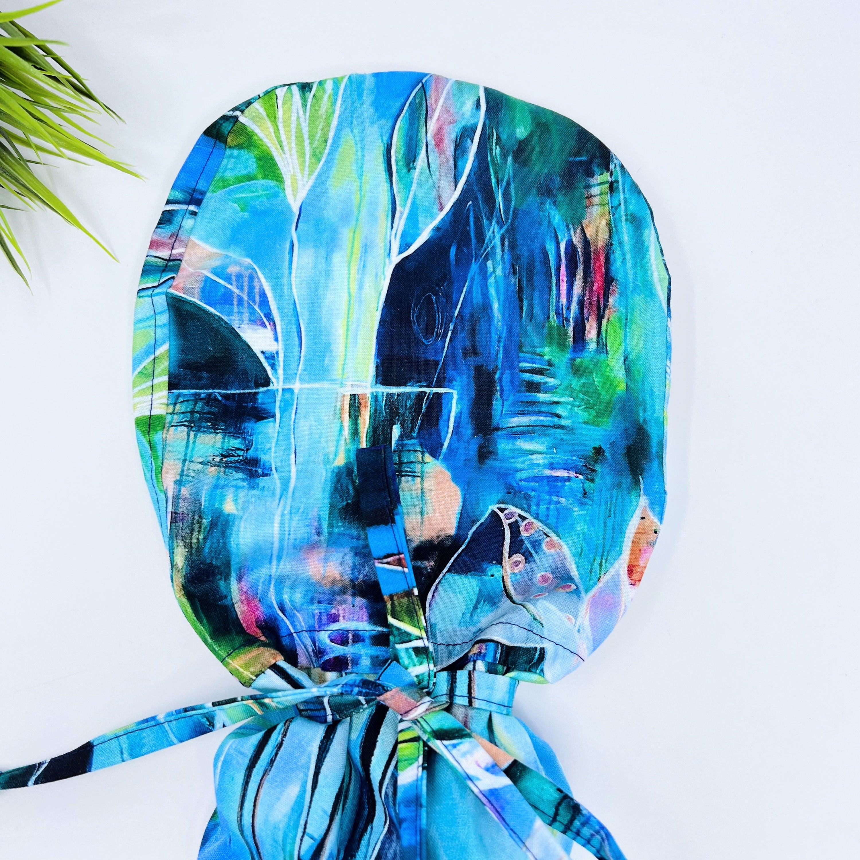 Large Floral Leaves Ponytail scrub cap for women with satin lined option by Paradise Caps.