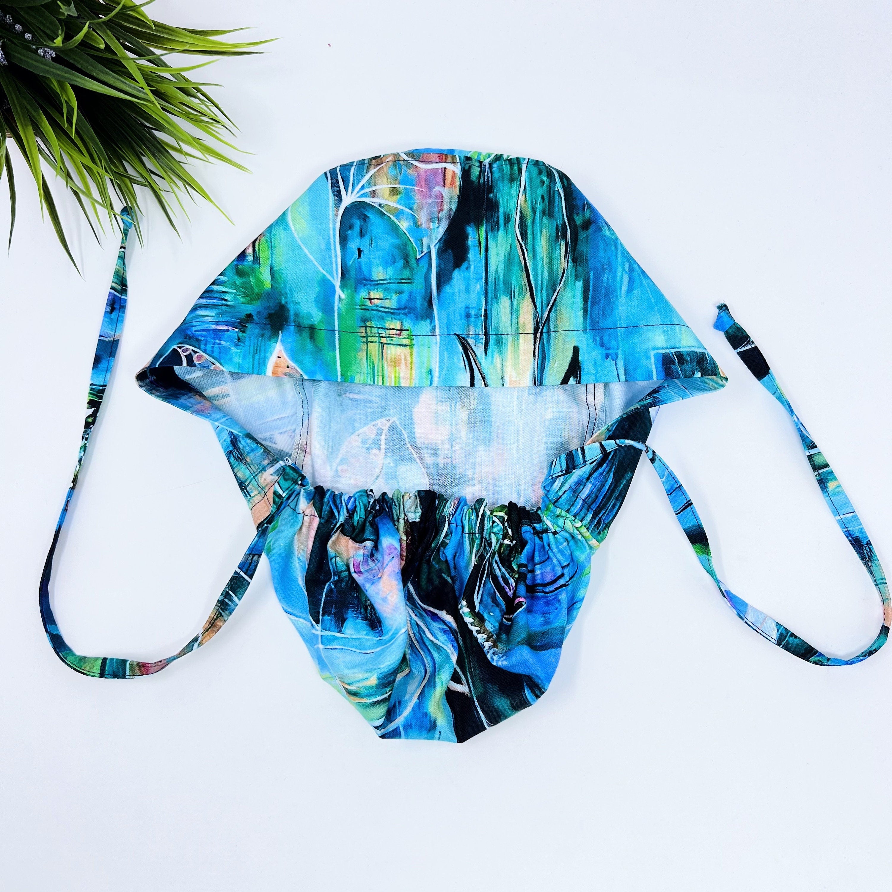 Large Floral Leaves Ponytail scrub cap for women with satin lined option by Paradise Caps.