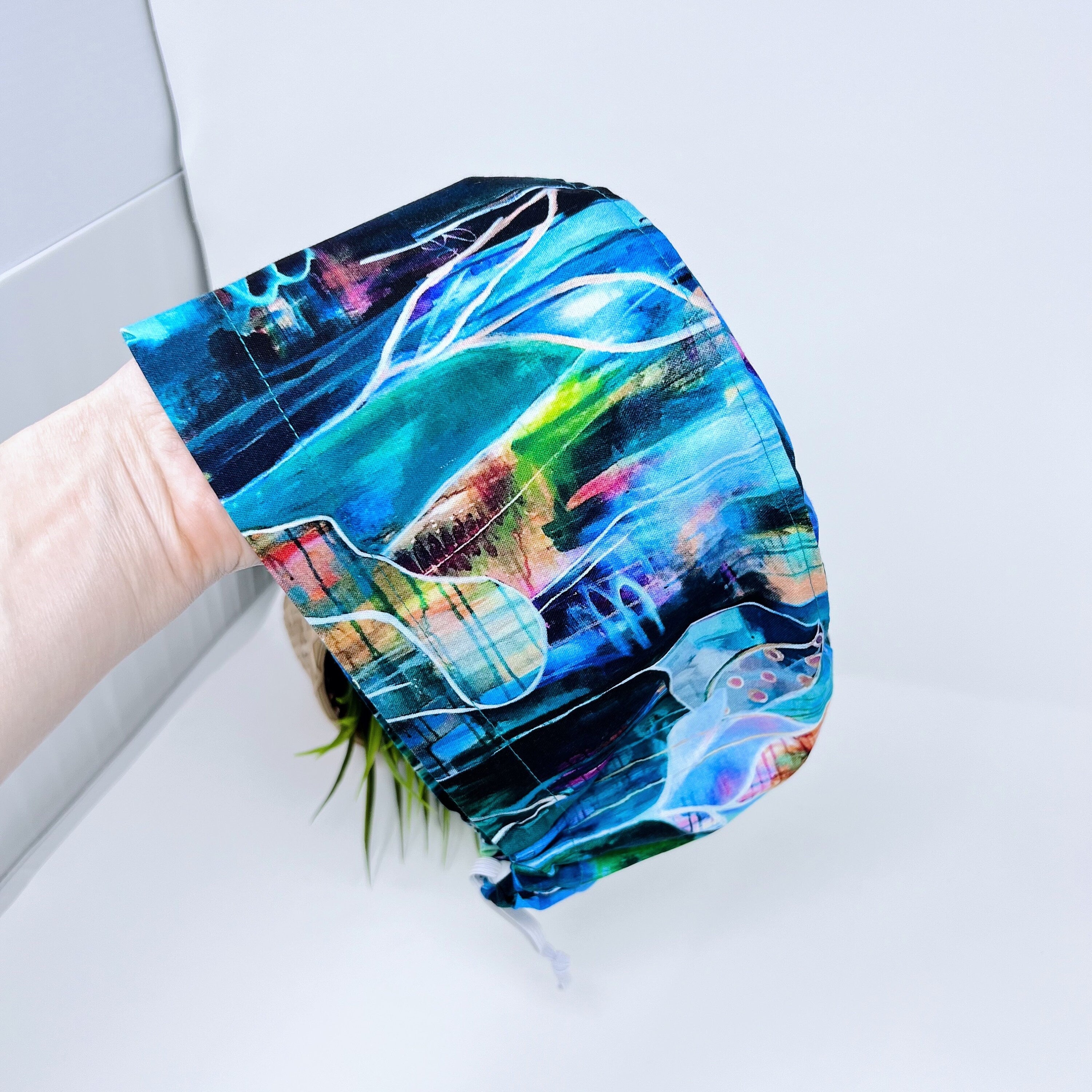 Large Floral Leaves Euro Scrub Cap for Women with Satin Lined Option by Paradise Caps.