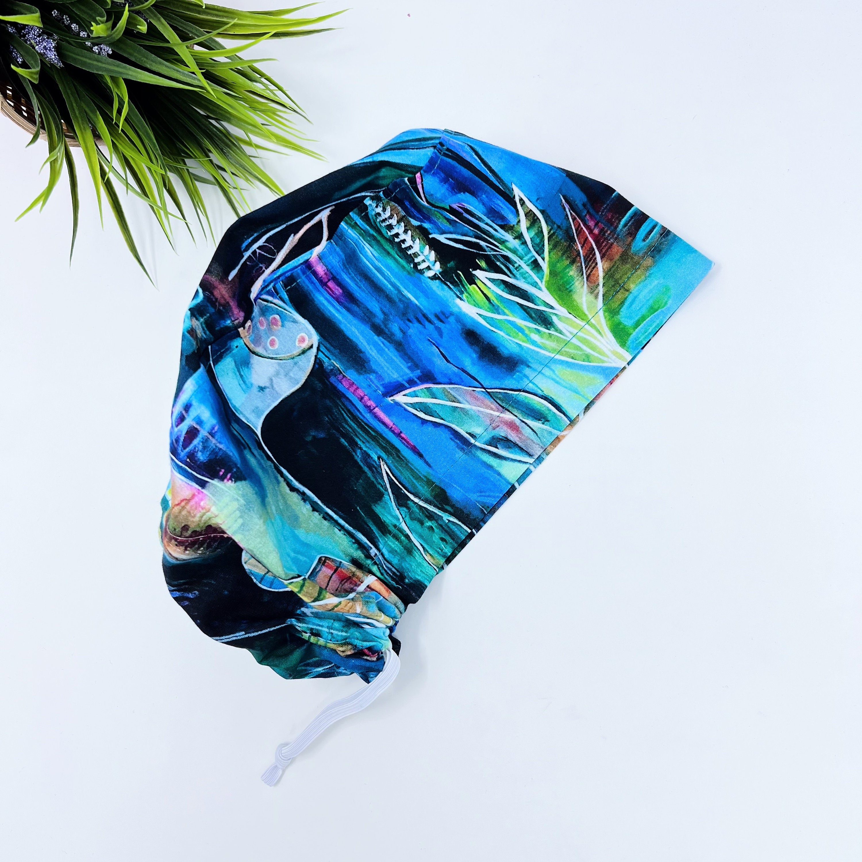 Large Floral Leaves Euro Scrub Cap for Women with Satin Lined Option by Paradise Caps.
