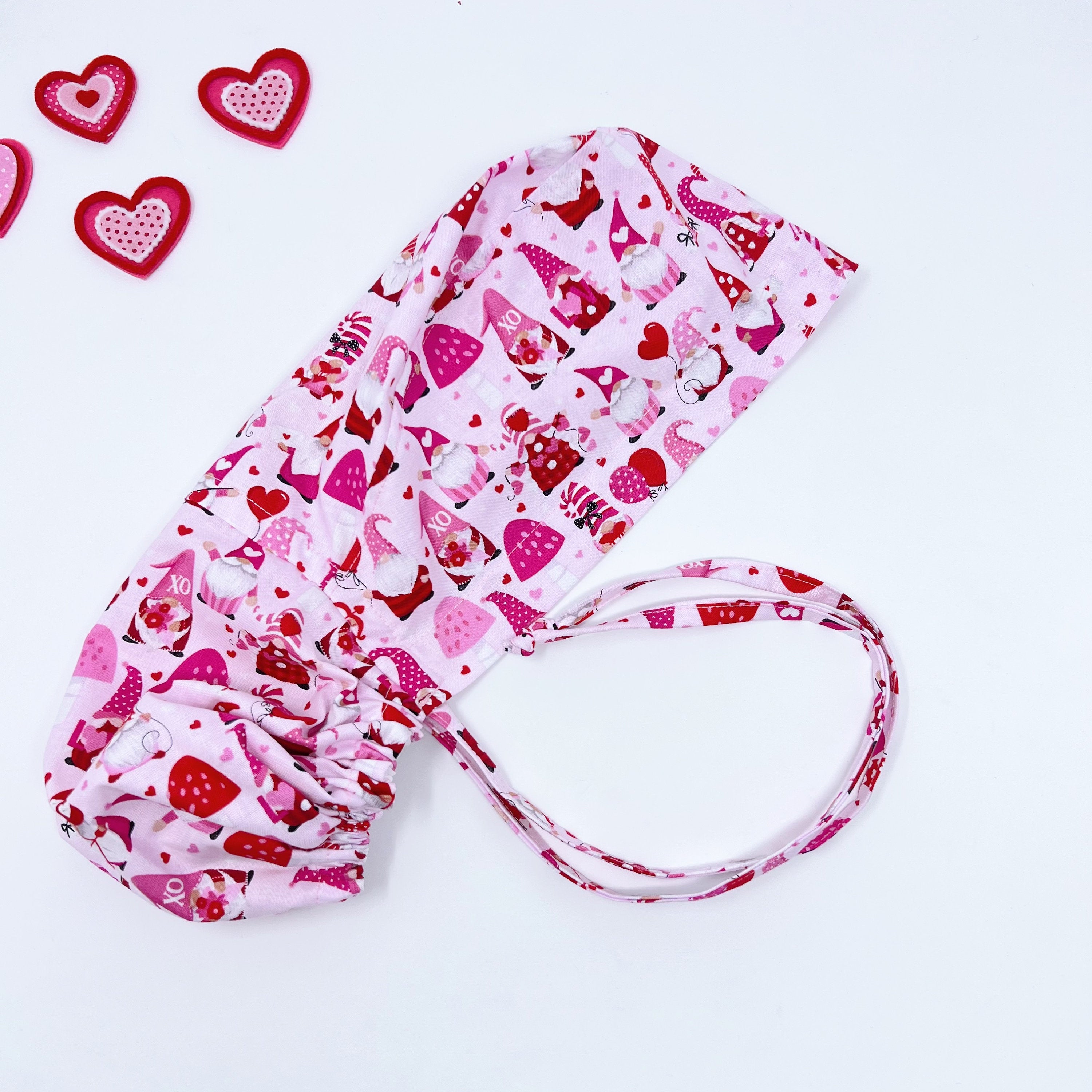 Valentine's day Ponytail scrub cap for women with satin lined option by Paradise Caps.