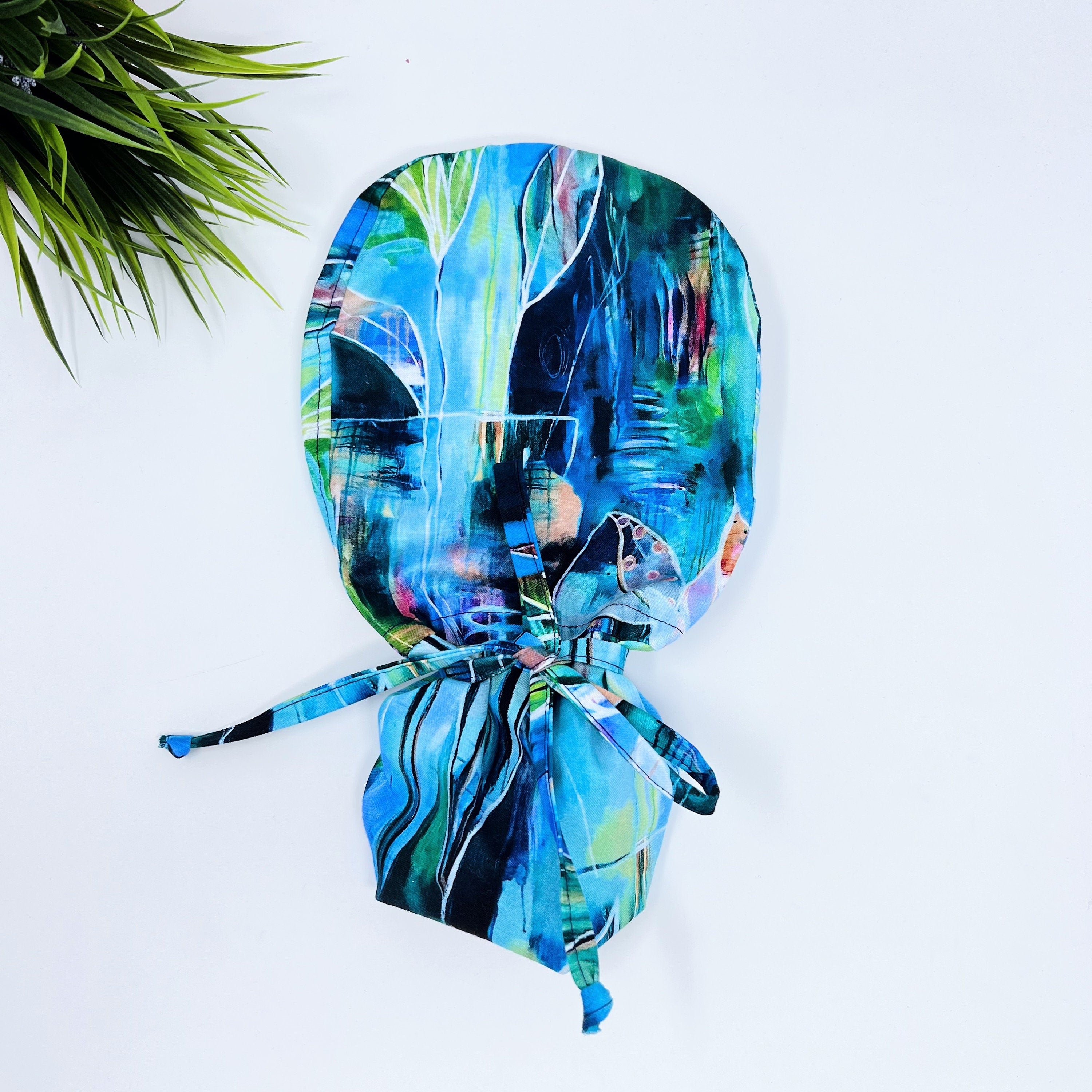 Large Floral Leaves Ponytail scrub cap for women with satin lined option by Paradise Caps.