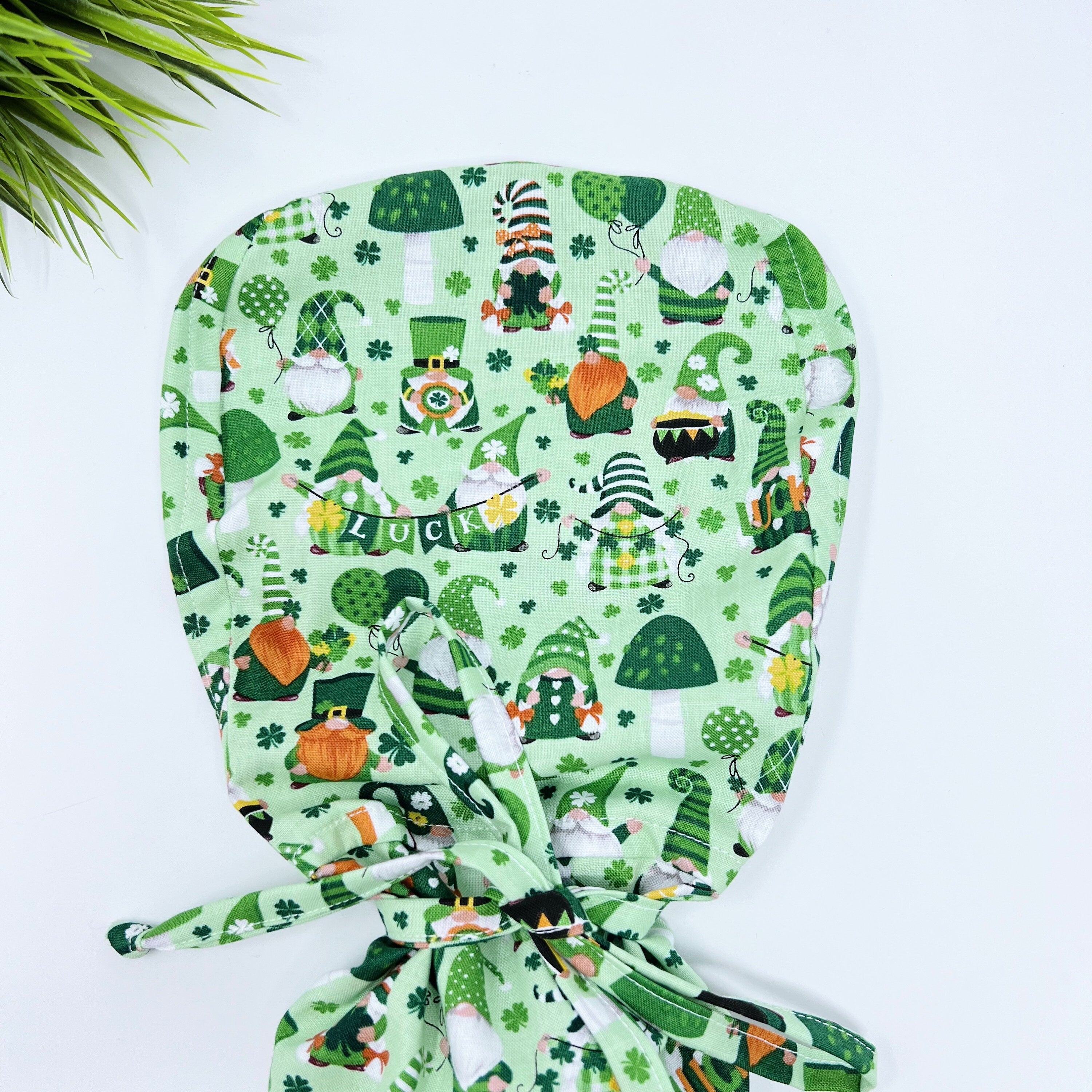 Luck gnomes Ponytail scrub cap for women with satin lined option by Paradise Caps.