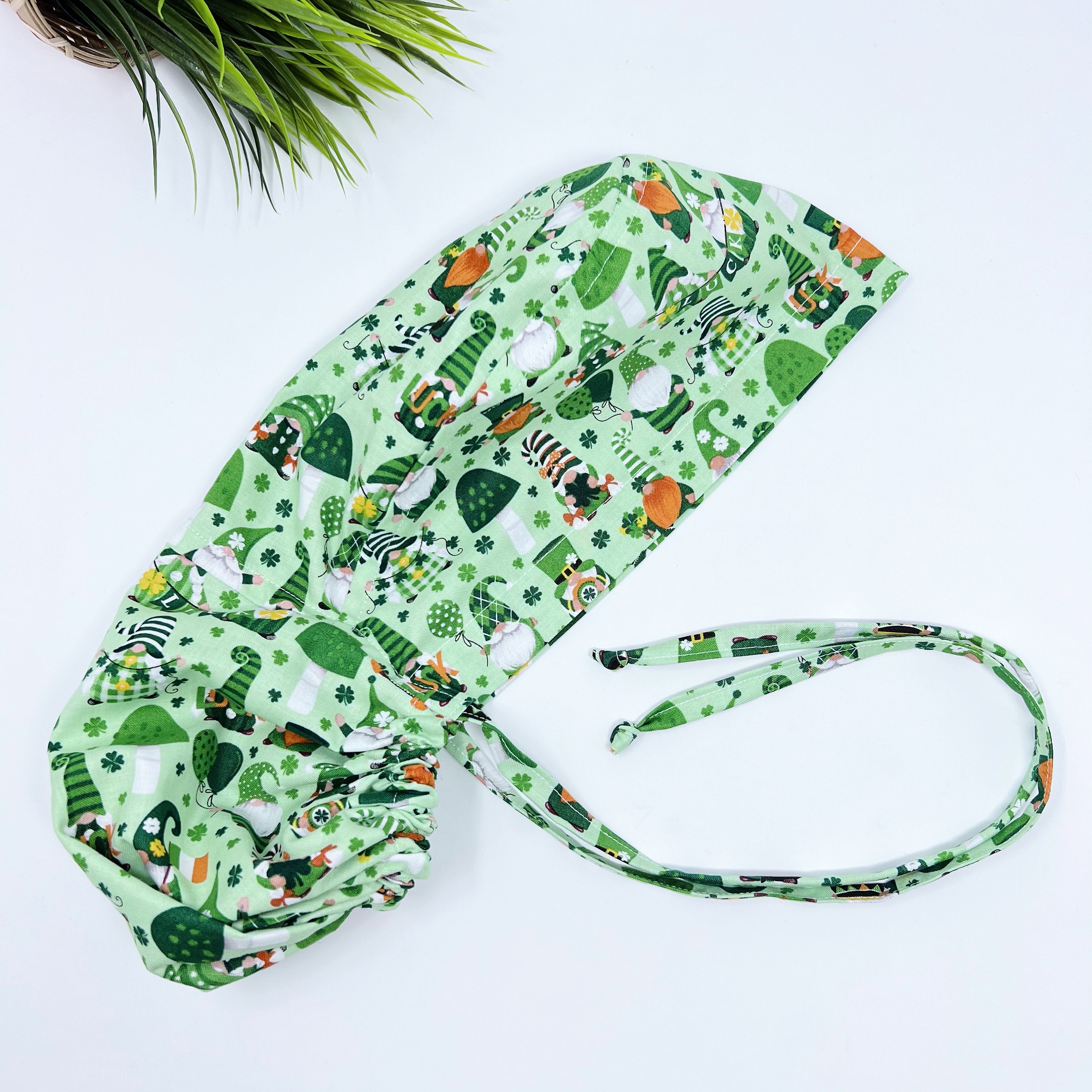 Luck gnomes Ponytail scrub cap for women with satin lined option by Paradise Caps.
