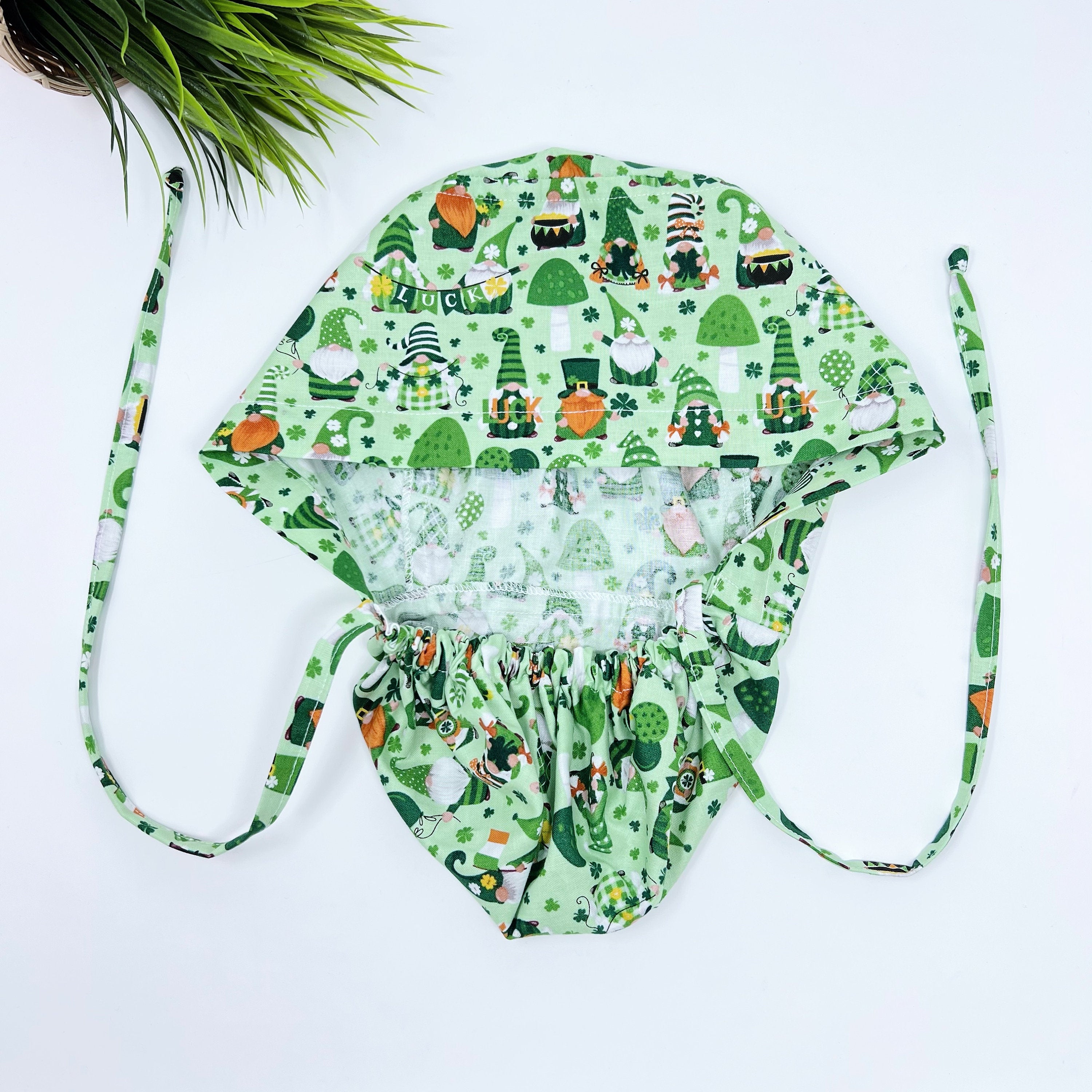 Luck gnomes Ponytail scrub cap for women with satin lined option by Paradise Caps.