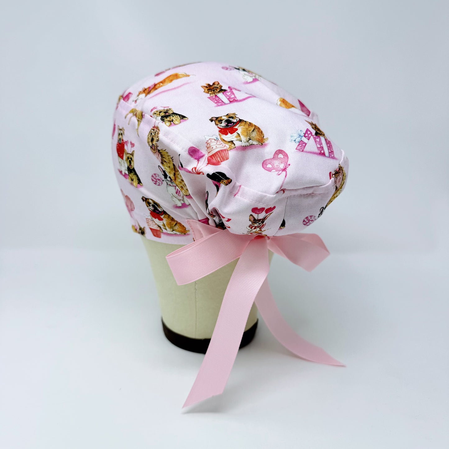 Valentine's day Euro scrub cap with ties for Women, Dog European Surgical cap with Satin Lined by Paradise Caps.