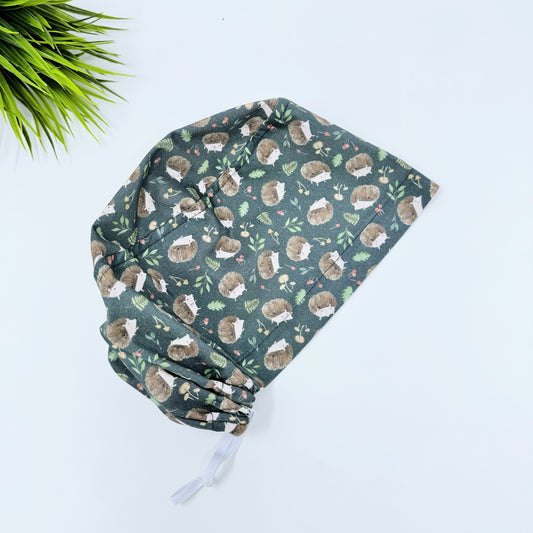 Hedgehog and Mushrooms Euro Scrub Cap for Women, Surgical cap Satin Lined Option