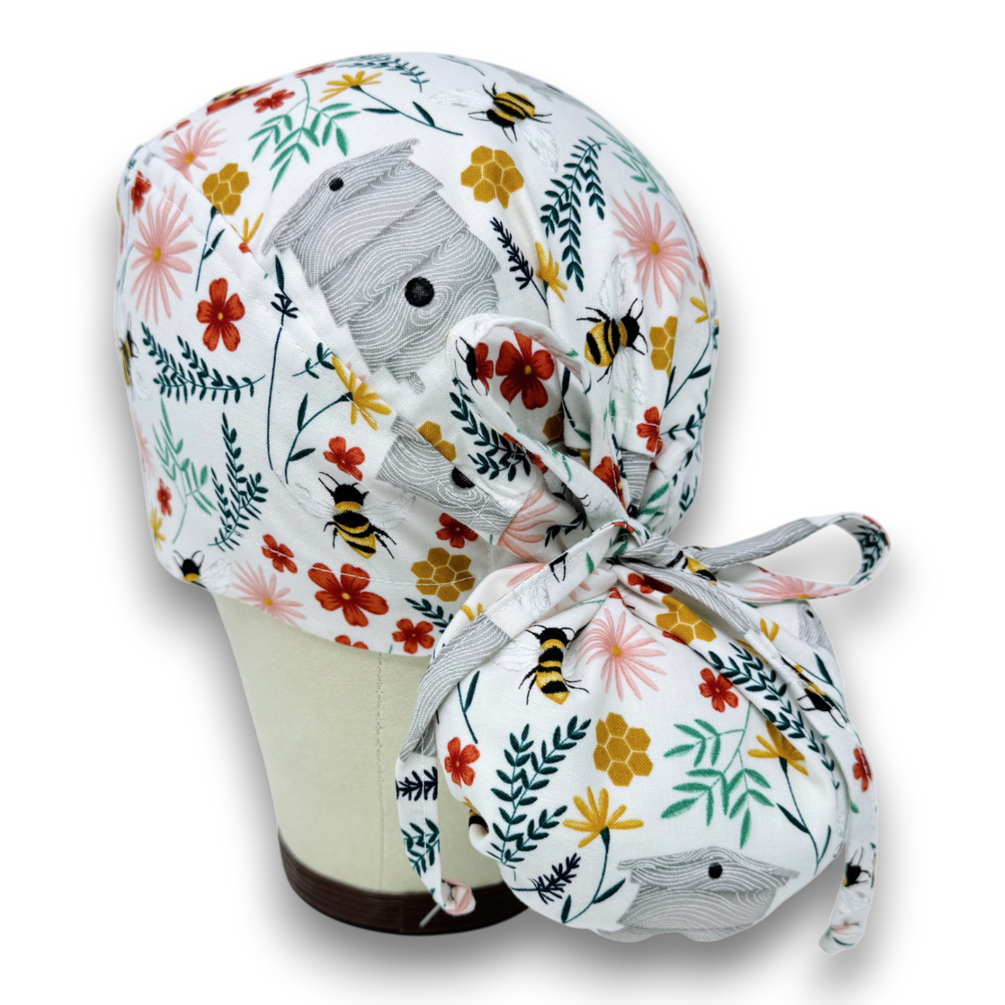 Bee Ponytail scrub cap for women with satin lined option by Paradise Caps.