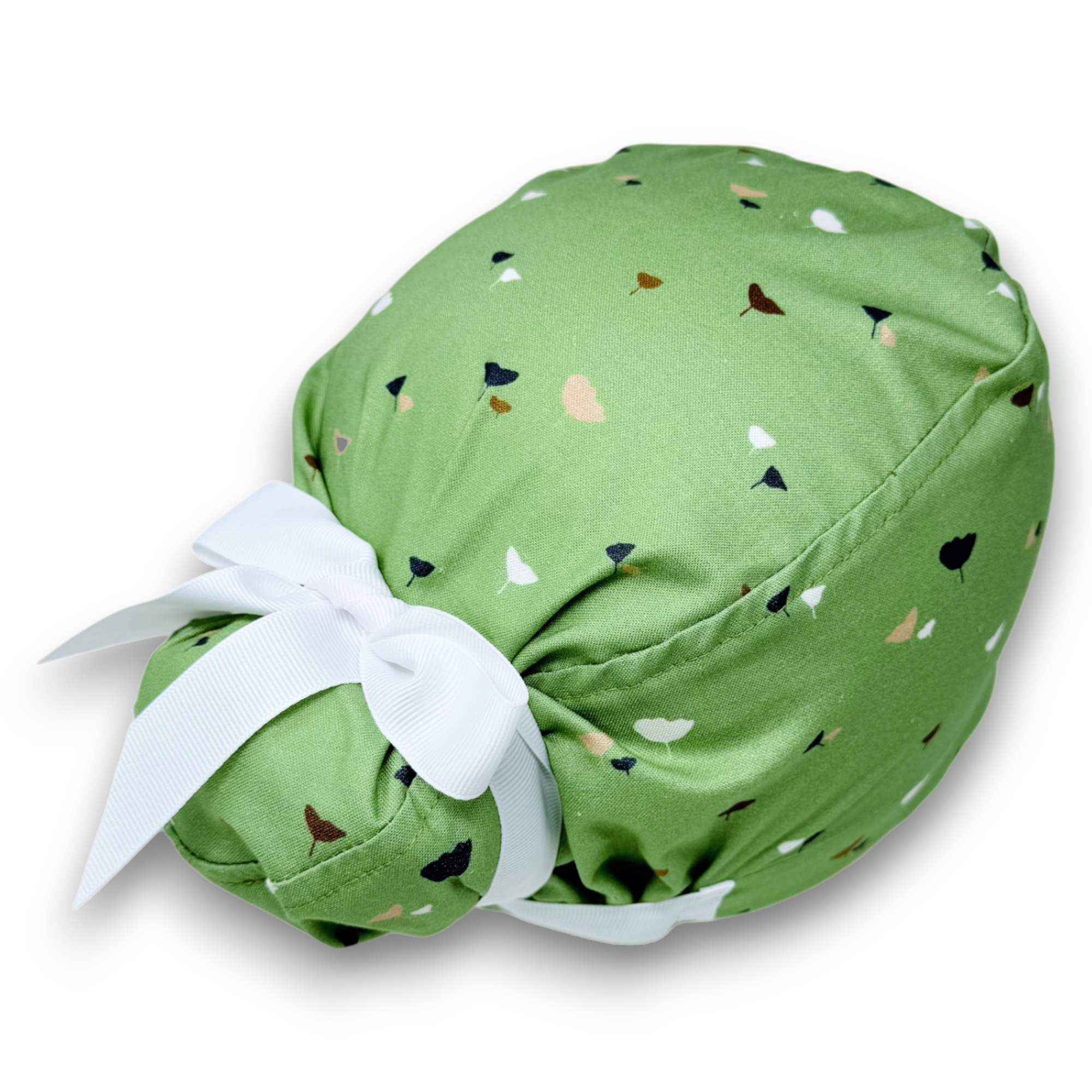Ginko Euro scrub cap with ties for women. Plant European satin lined surgical cap by Paradise Caps. Euro PLUS style.