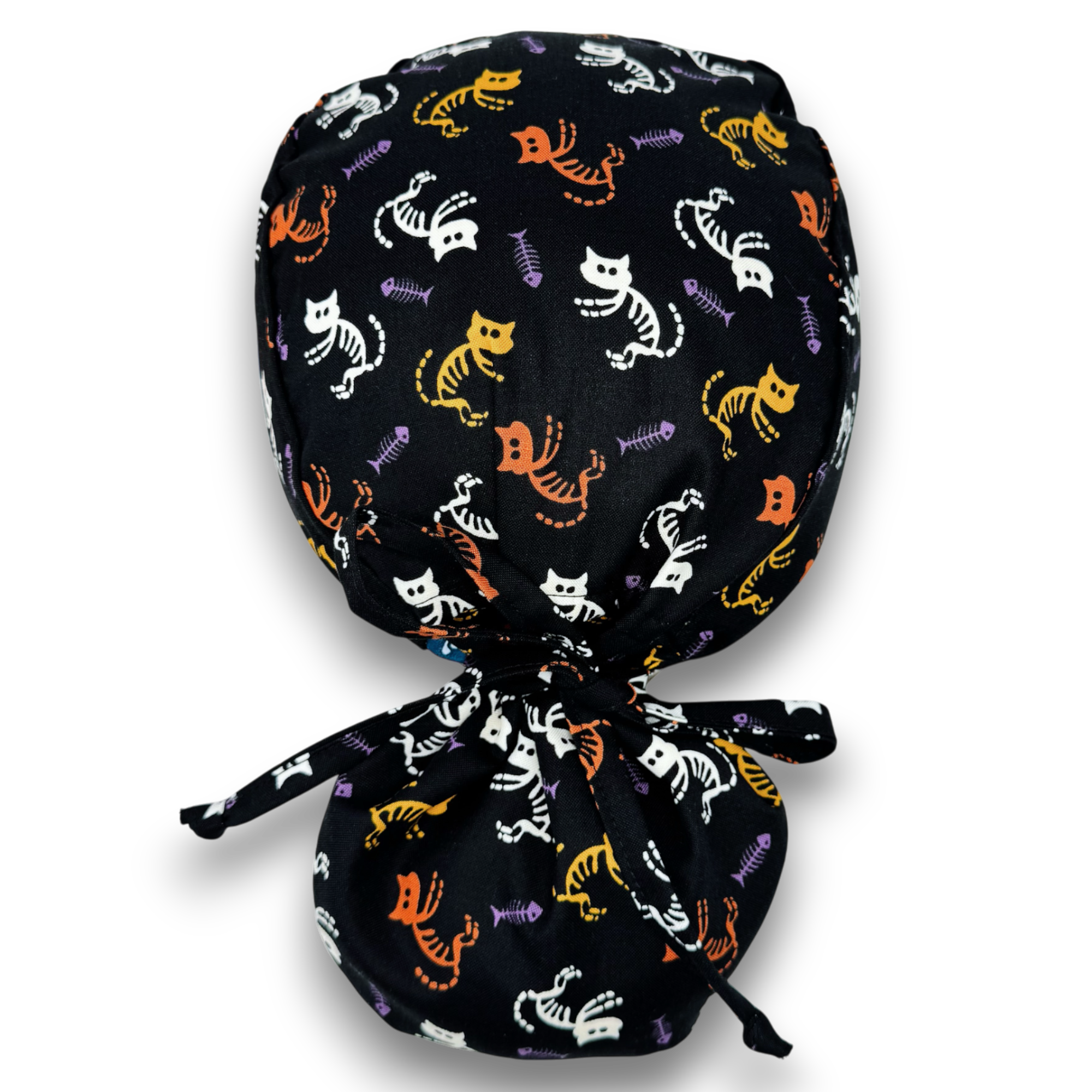 Skeleton Cat Ponytail scrub cap for women with satin lined option by Paradise Caps.