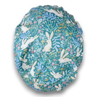 Euro scrub cap for women. Bunny Garden European satin lined surgical cap by Paradise Caps. Easter.