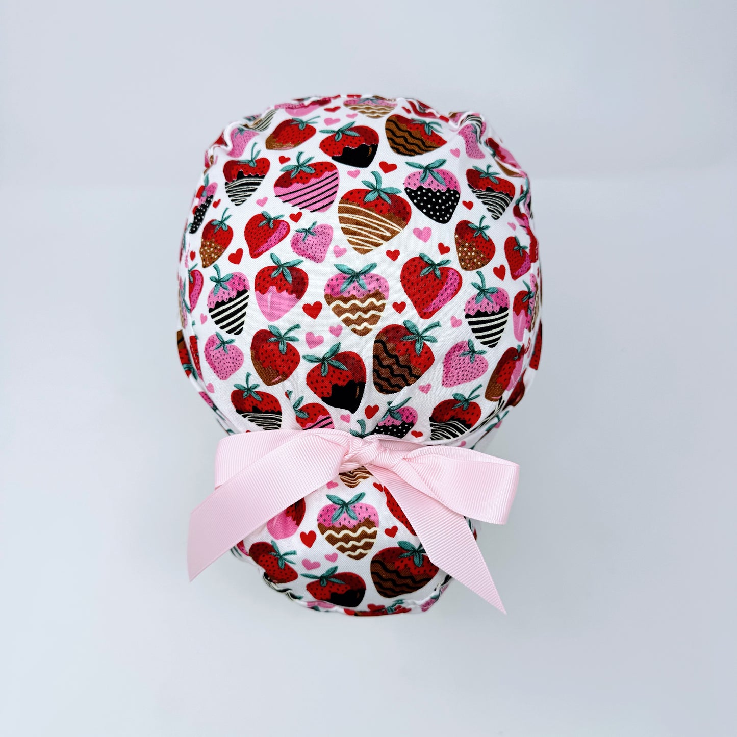 Valentine's day Euro scrub cap with ties for Women, Strawberry European Surgical cap with Satin Lined by Paradise Caps.