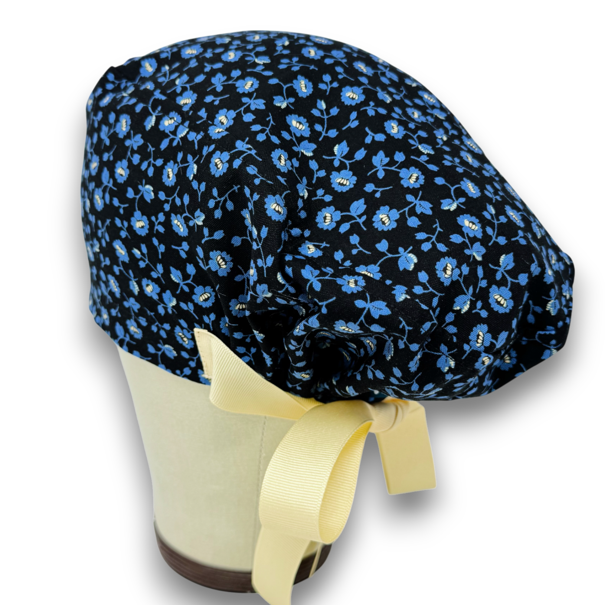 Blue flower Euro scrub cap with ties for Women by Paradise Caps. Euro PLUS style.
