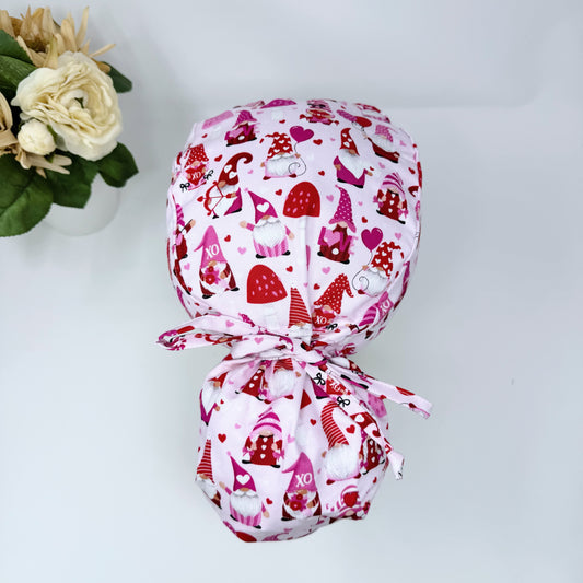 Valentine's day Ponytail scrub cap with Satin Lined Option. Love Gnomes Ponytail scrub cap for women by Paradise Caps.