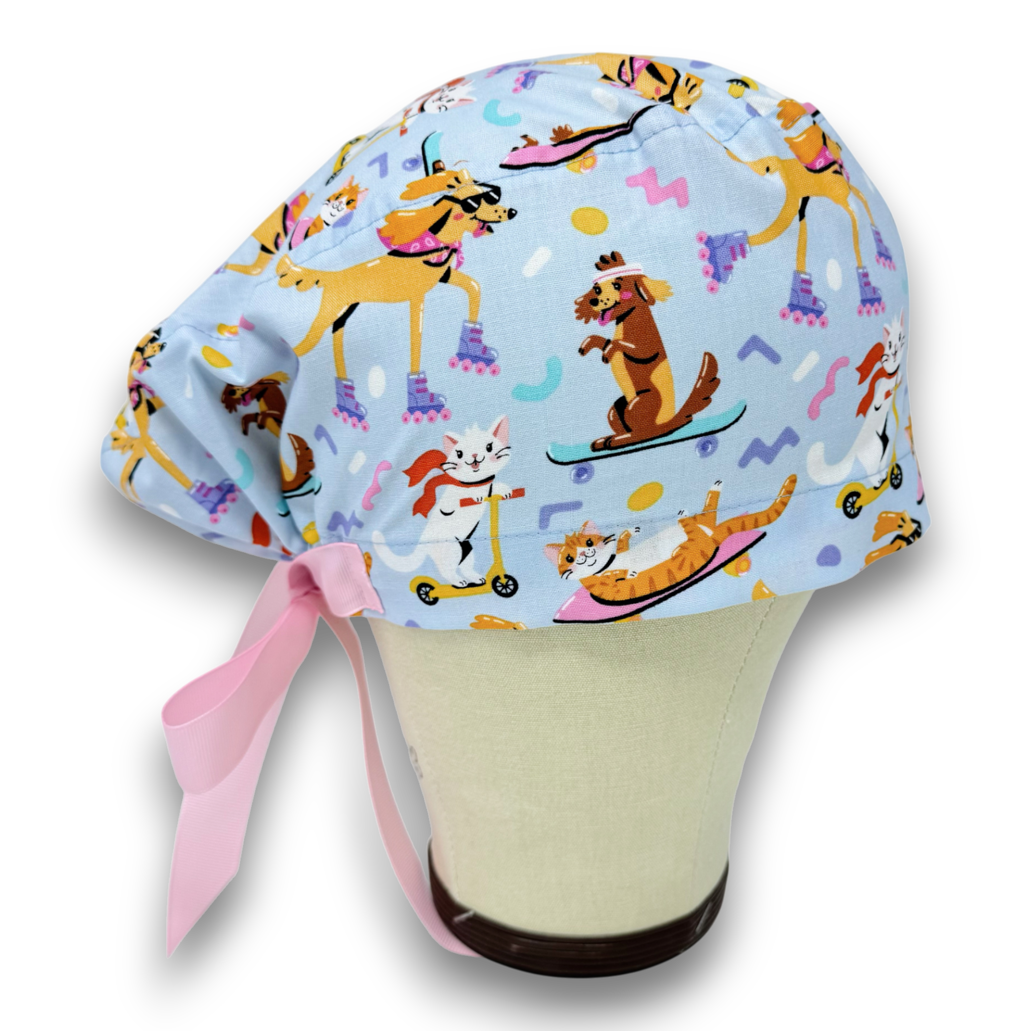Dog Euro scrub cap with ties for Women, Cat European Surgical cap with Satin Lined Option by Paradise Caps. Euro PLUS style.