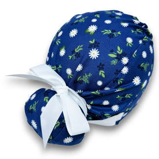 Euro scrub cap with ties for Women. Navy Daisy European Surgical cap with Satin Lined option by Paradise Caps. Euro PLUS style.