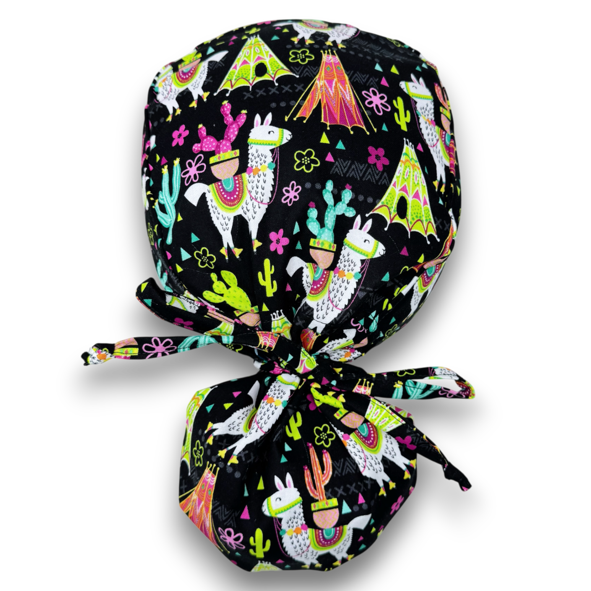 Llama Ponytail scrub cap for women with satin lined option by Paradise Caps.