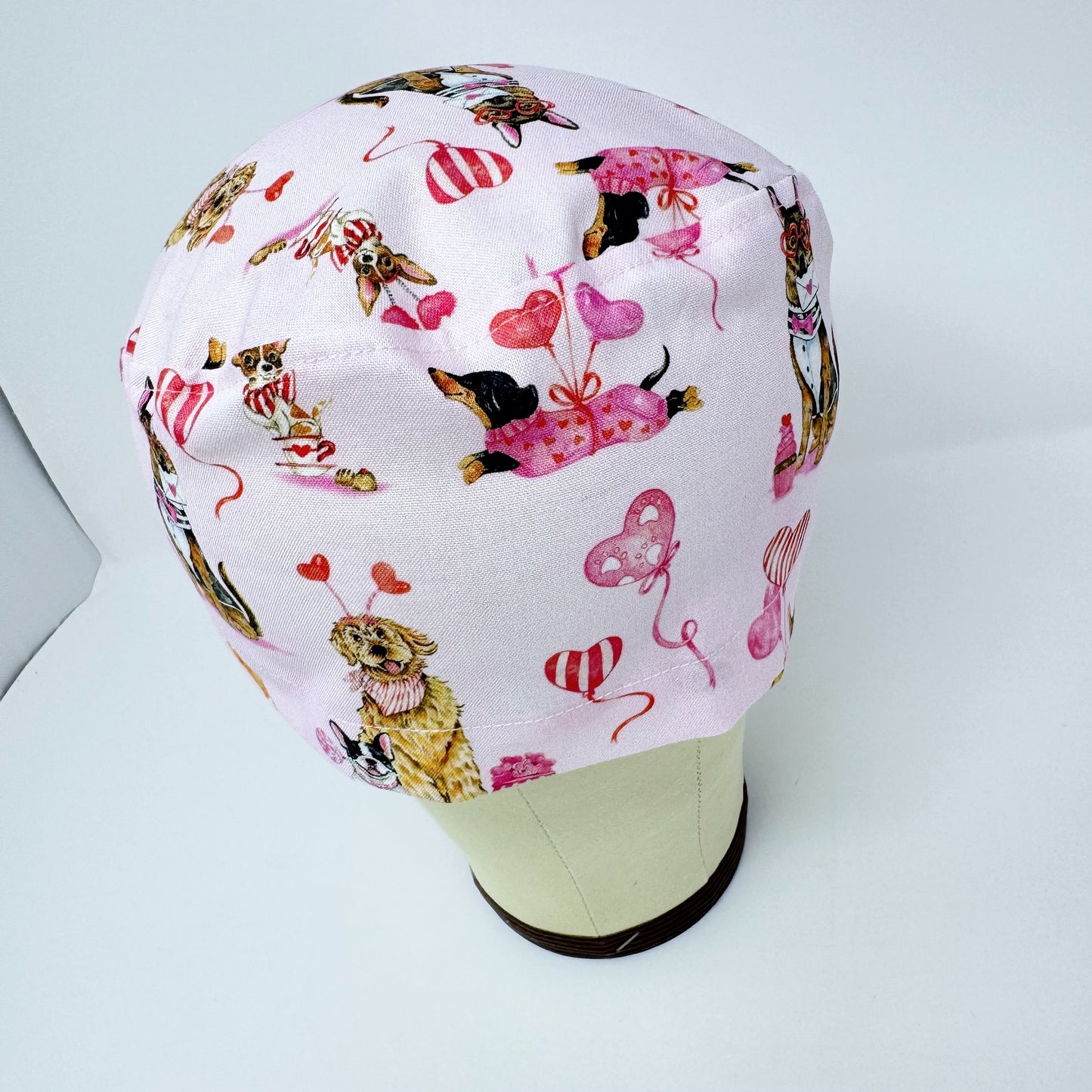 Dog Euro Scrub Cap for Women, Valentine's day Surgical hat with Satin Lined Option by Paradise Caps.