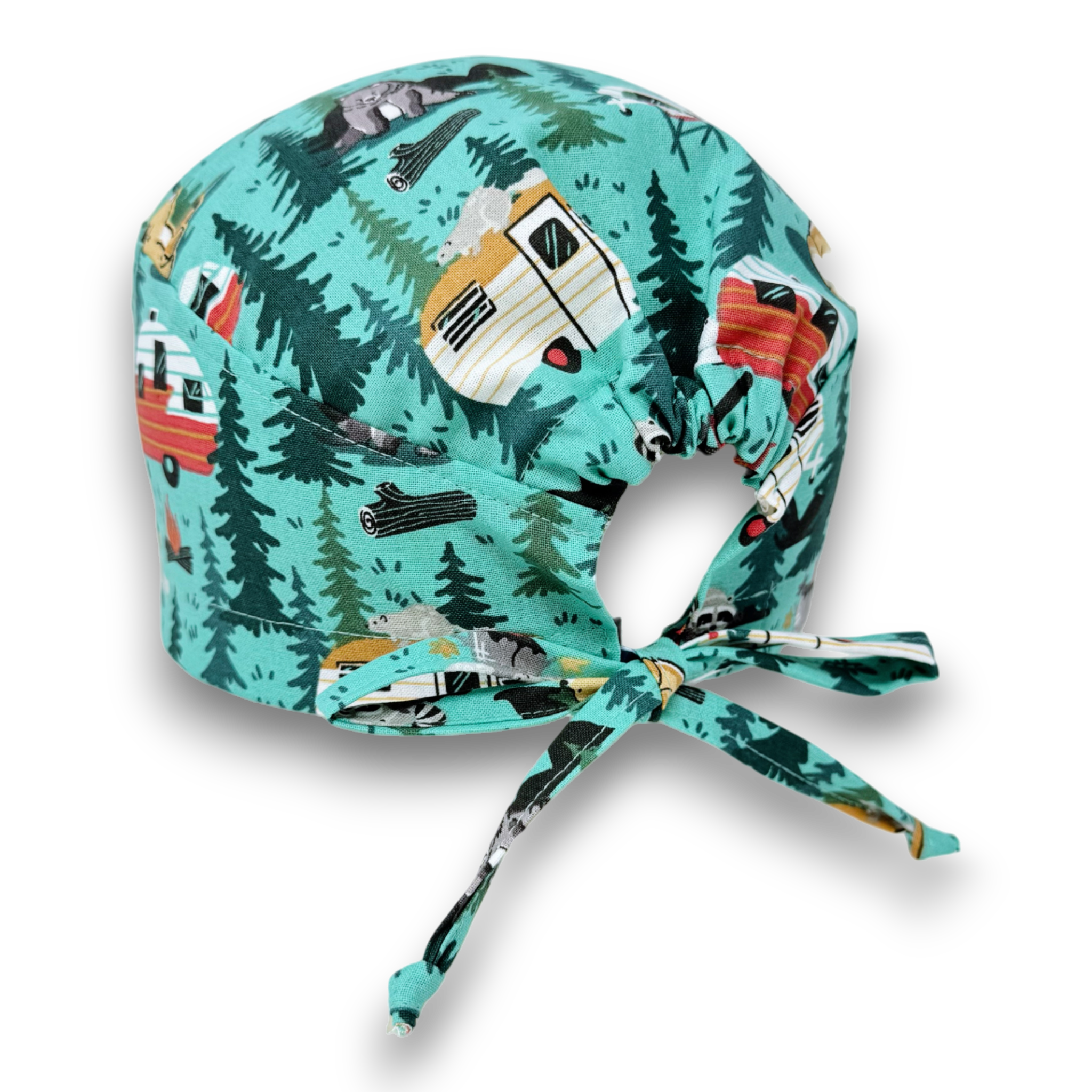 Forest Camping Skull tie-back style surgical scrub cap for men by Paradise Caps.