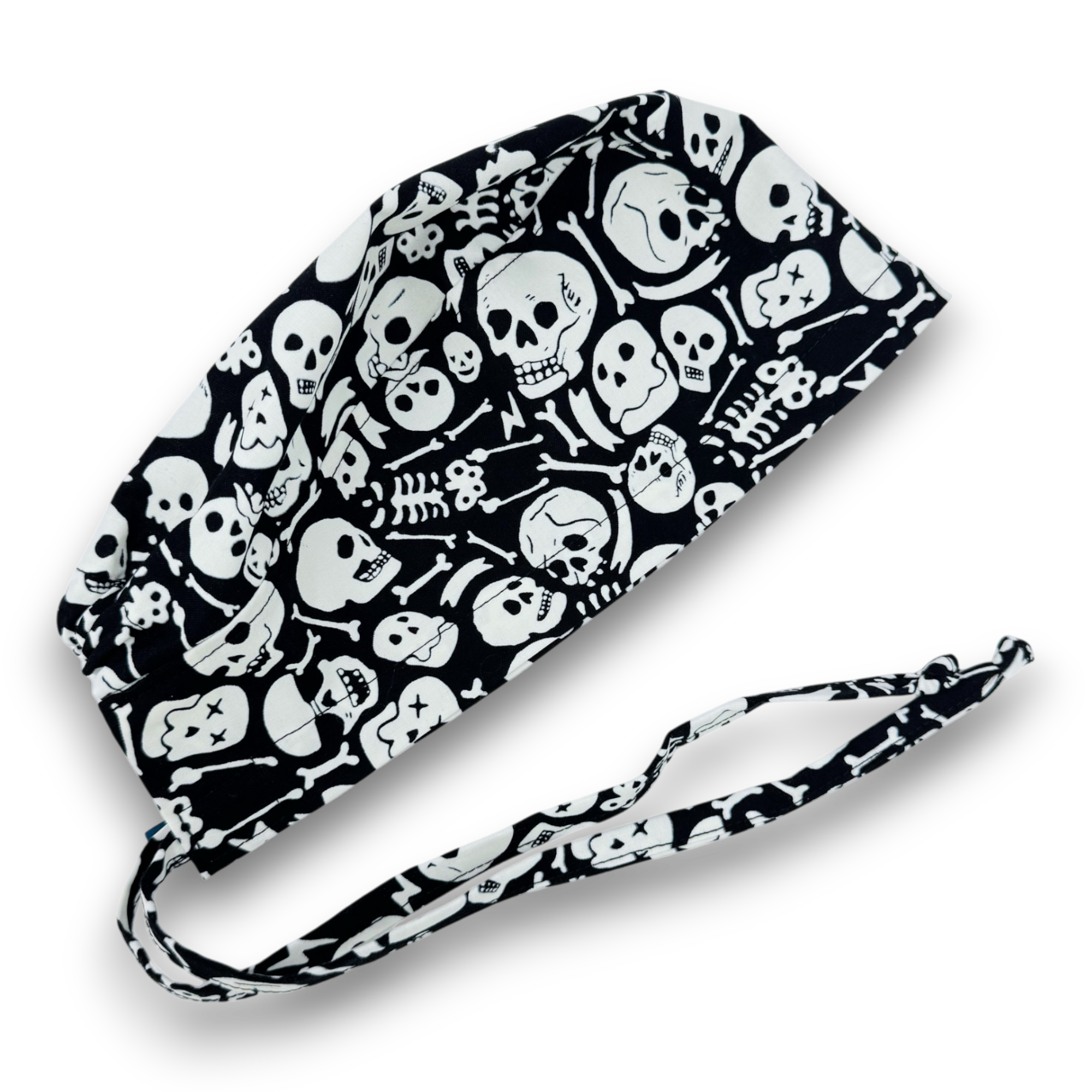 Glow Tossed Skull tie-back style surgical scrub cap for men by Paradise Caps. Glows in the Dark!