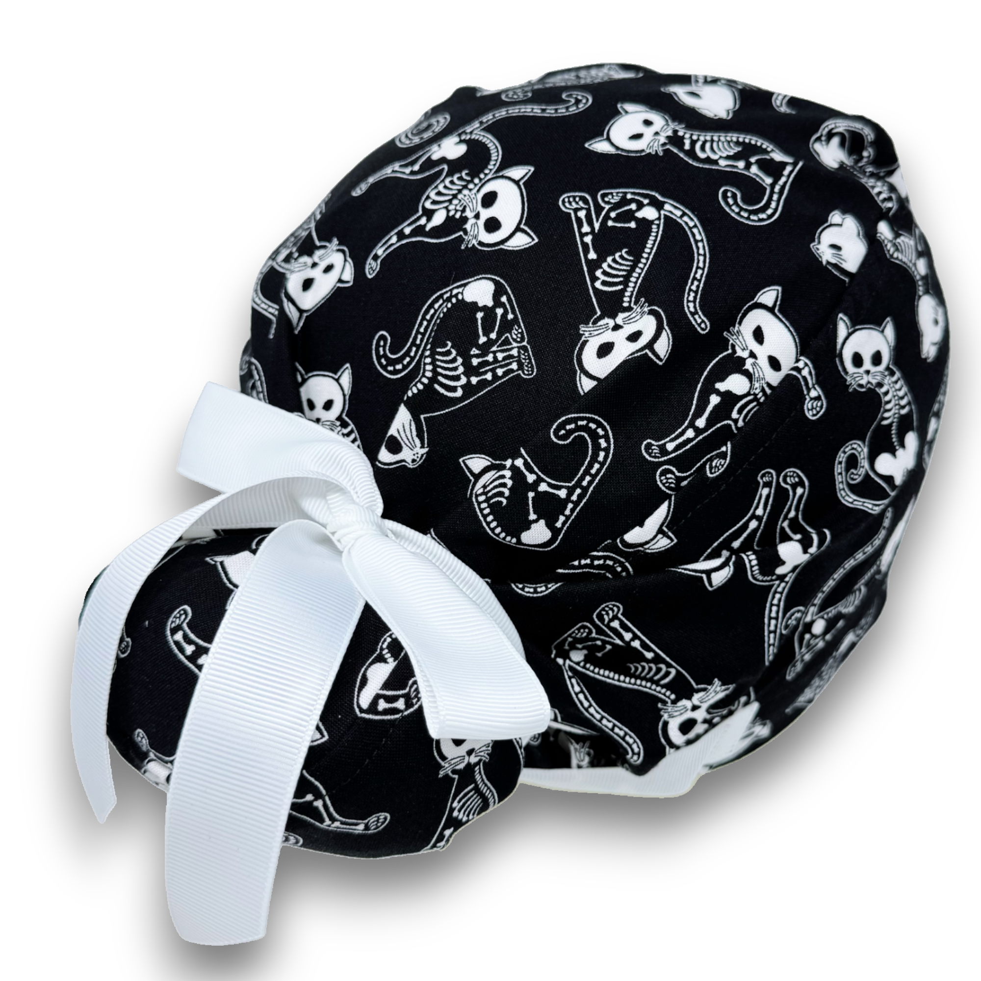 Skeleton Cats Euro scrub cap with ties for Women by Paradise Caps. Euro PLUS style.