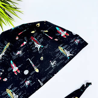 Space Men's Scrub Cap. Rocket skull tie-back style scrub cap by Paradise Caps.