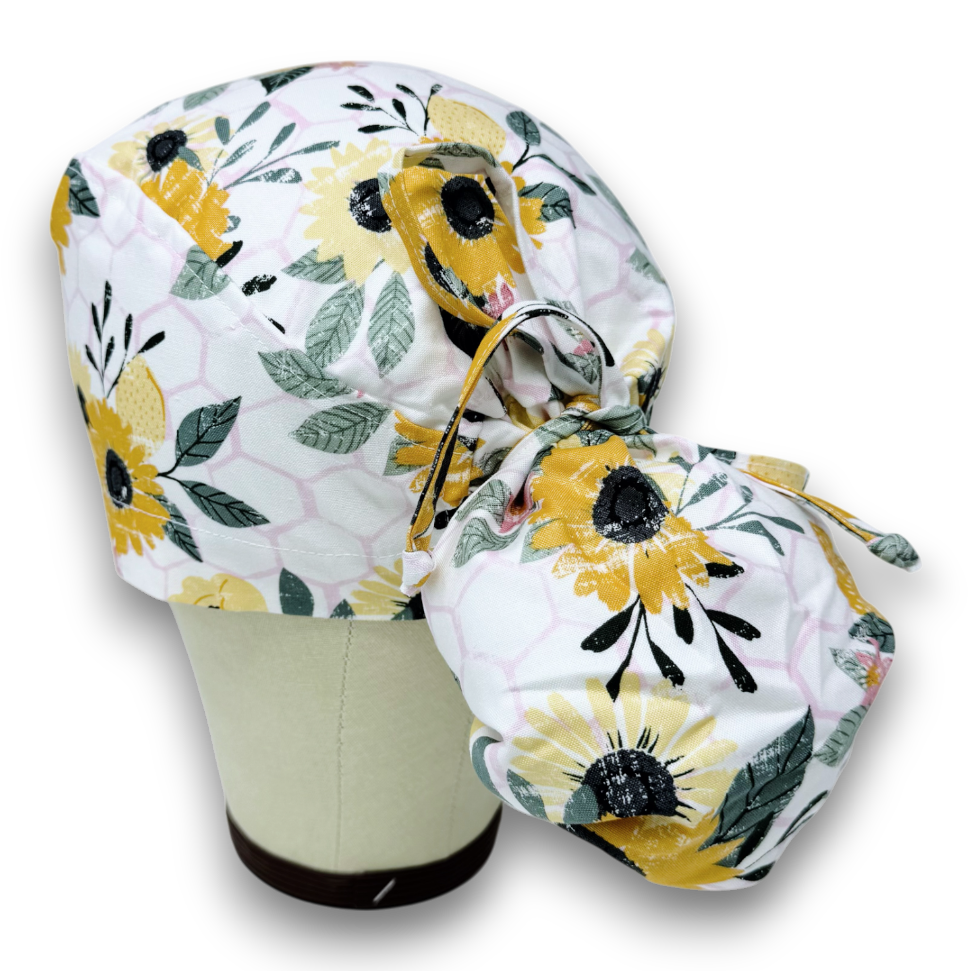 Sunflower Ponytail scrub cap for women with satin lined option by Paradise Caps.