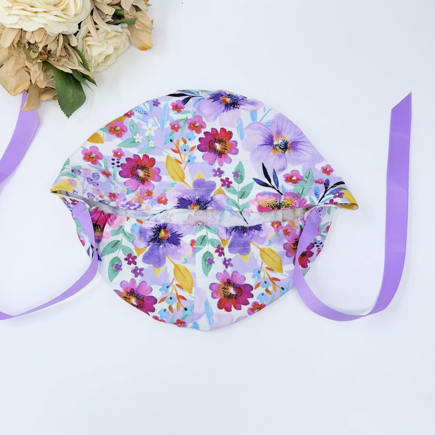 Floral Euro scrub cap with ties for Women, Purple flower European Surgical cap with Satin Lined by Paradise Caps.