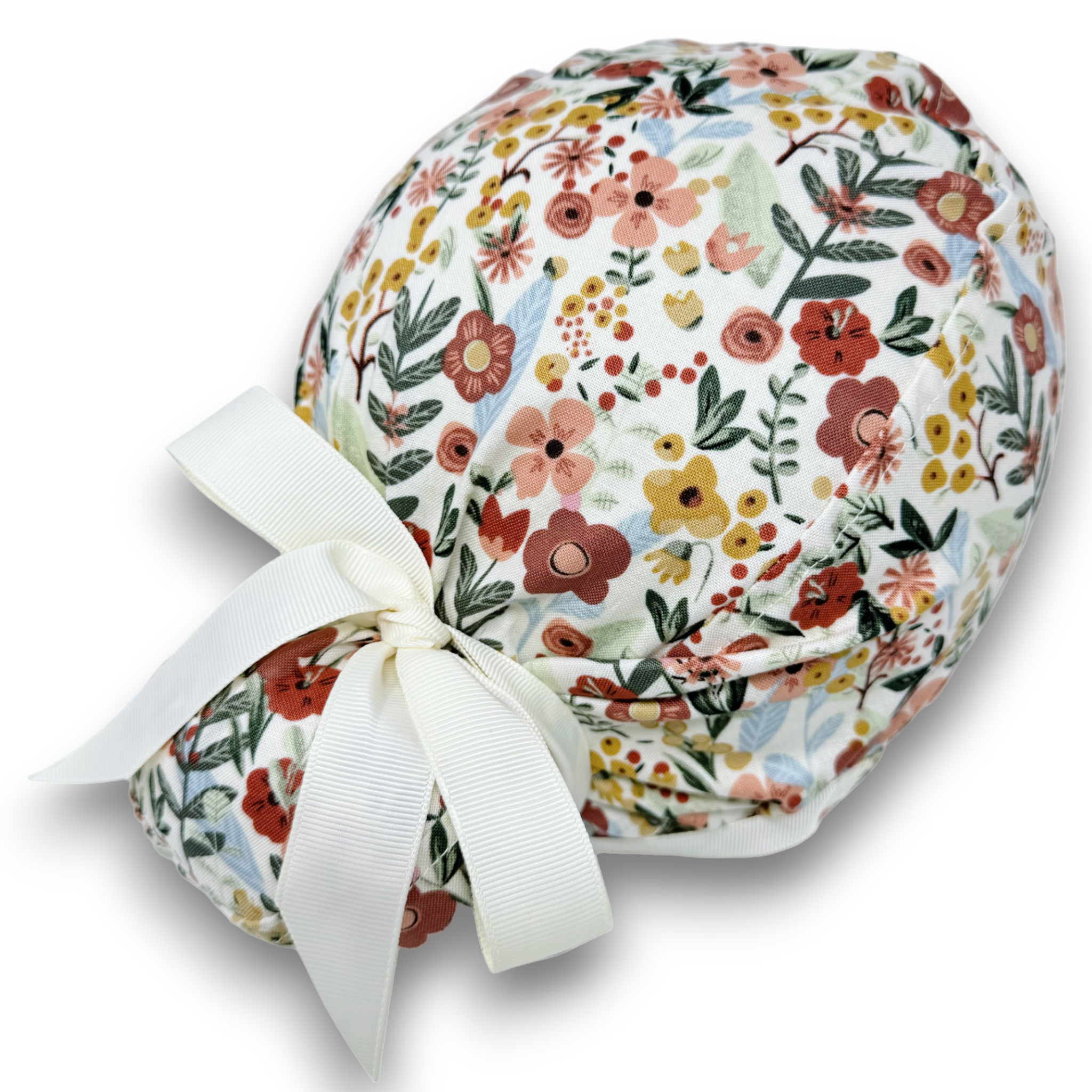 Flowers Euro scrub cap with ties for Women by Paradise Caps. Euro PLUS style.