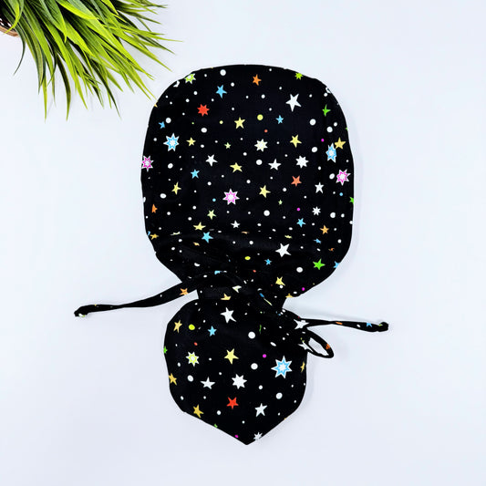 Star Gazing Ponytail scrub cap, Surgical cap women. Satin Lined Option Surgical cap with ponytail.