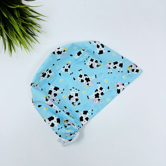 Cows on Blue Euro Scrub Cap for Women, Surgical cap Satin Lined Option