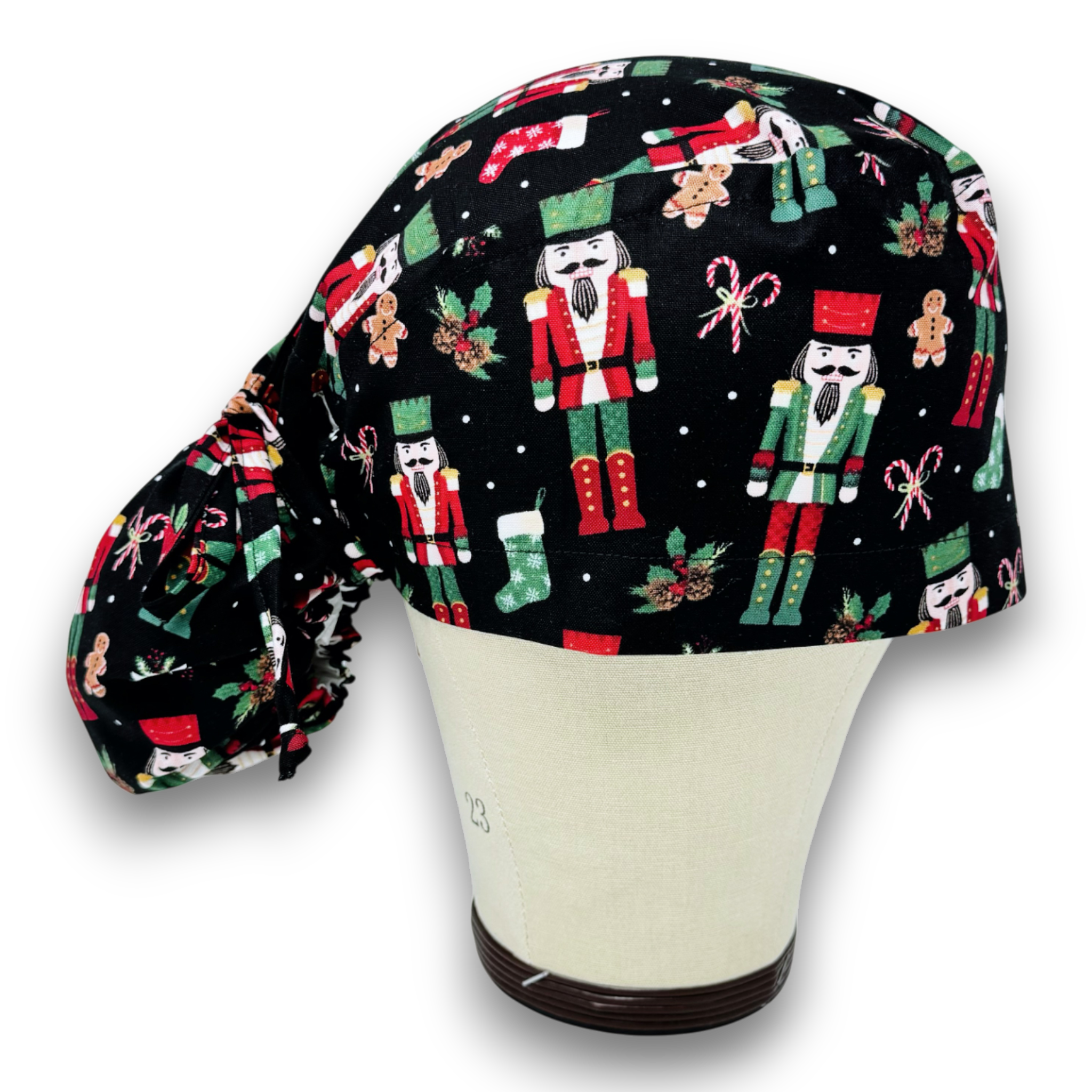 Christmas Nutcracker Ponytail scrub cap for women with satin lined option by Paradise Caps.