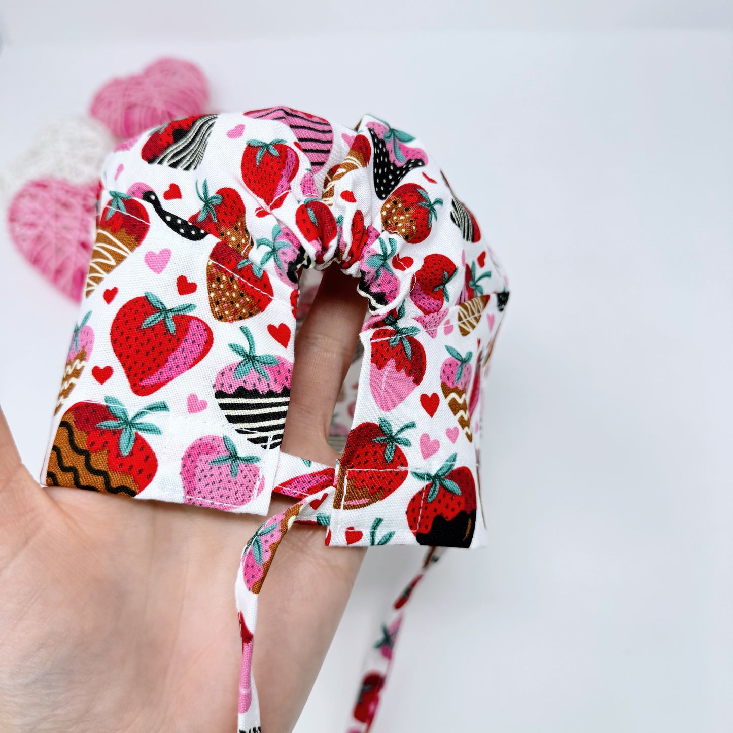 Valentine's day scrub Cap for men. Strawberry surgical hat. Men's skull tie-back style by Paradise Caps.