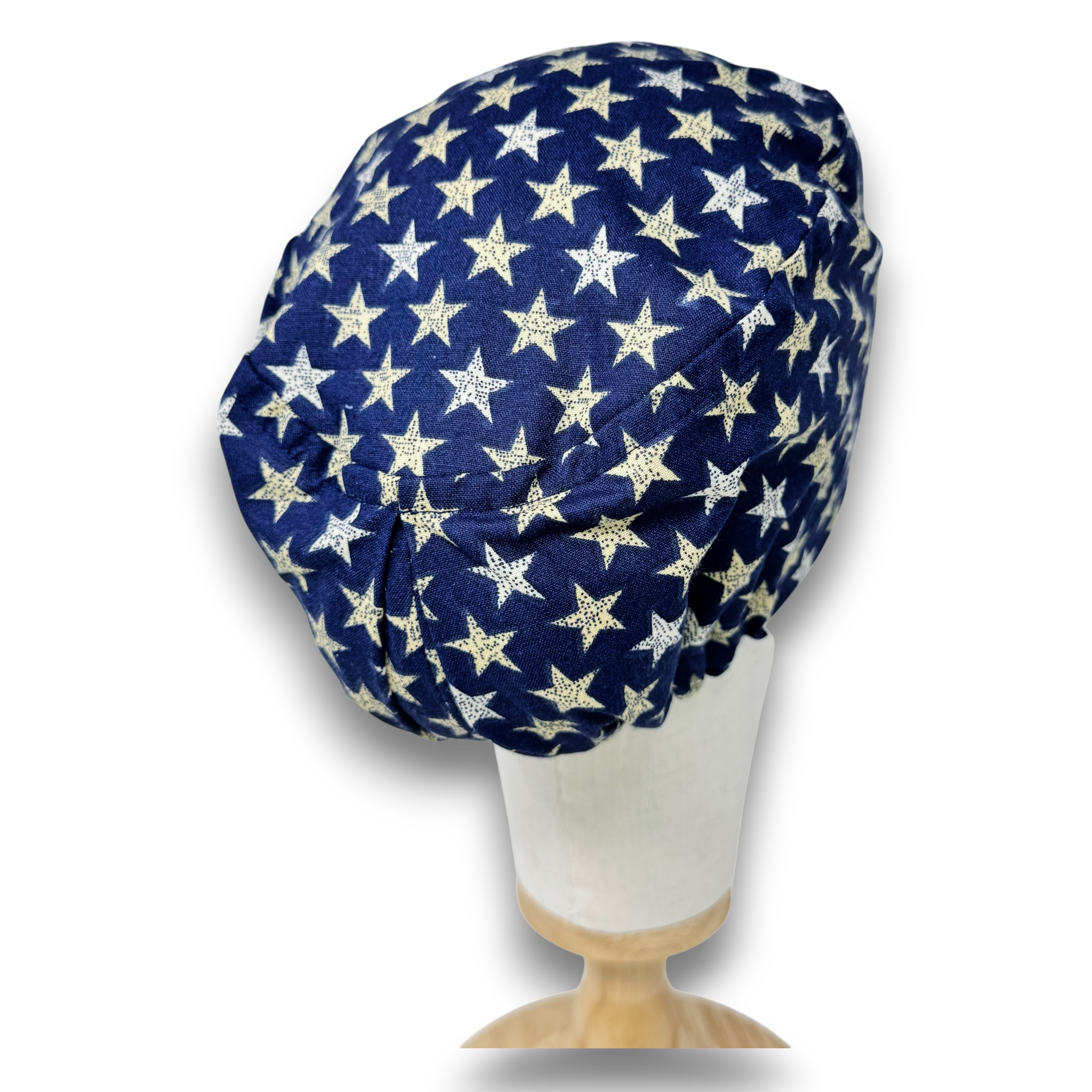 July 4th Euro scrub cap for women. Navy Blue Star surgical cap satin lined option by Paradise Caps.
