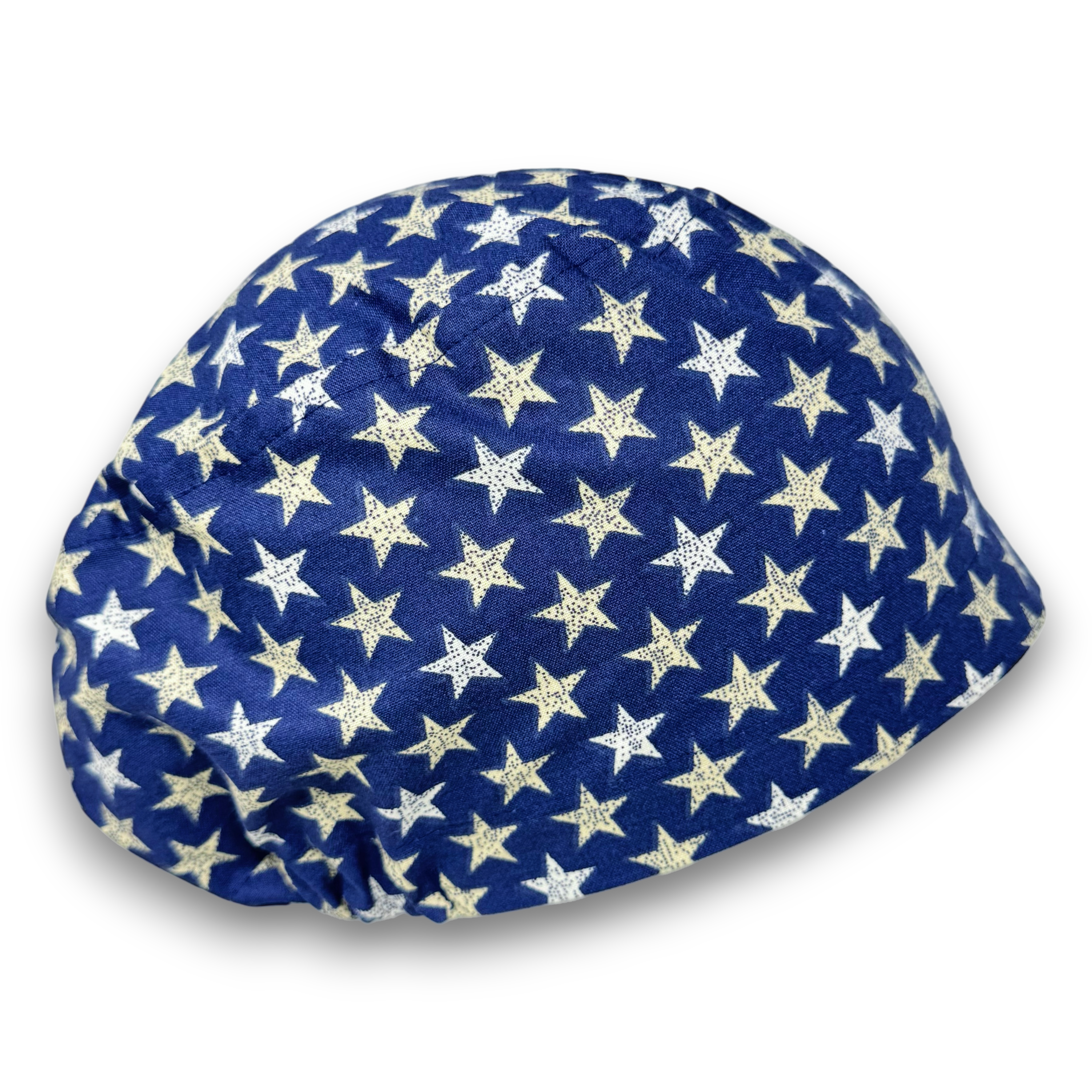 July 4th Euro scrub cap for women. Navy Blue Star surgical cap satin lined option by Paradise Caps.