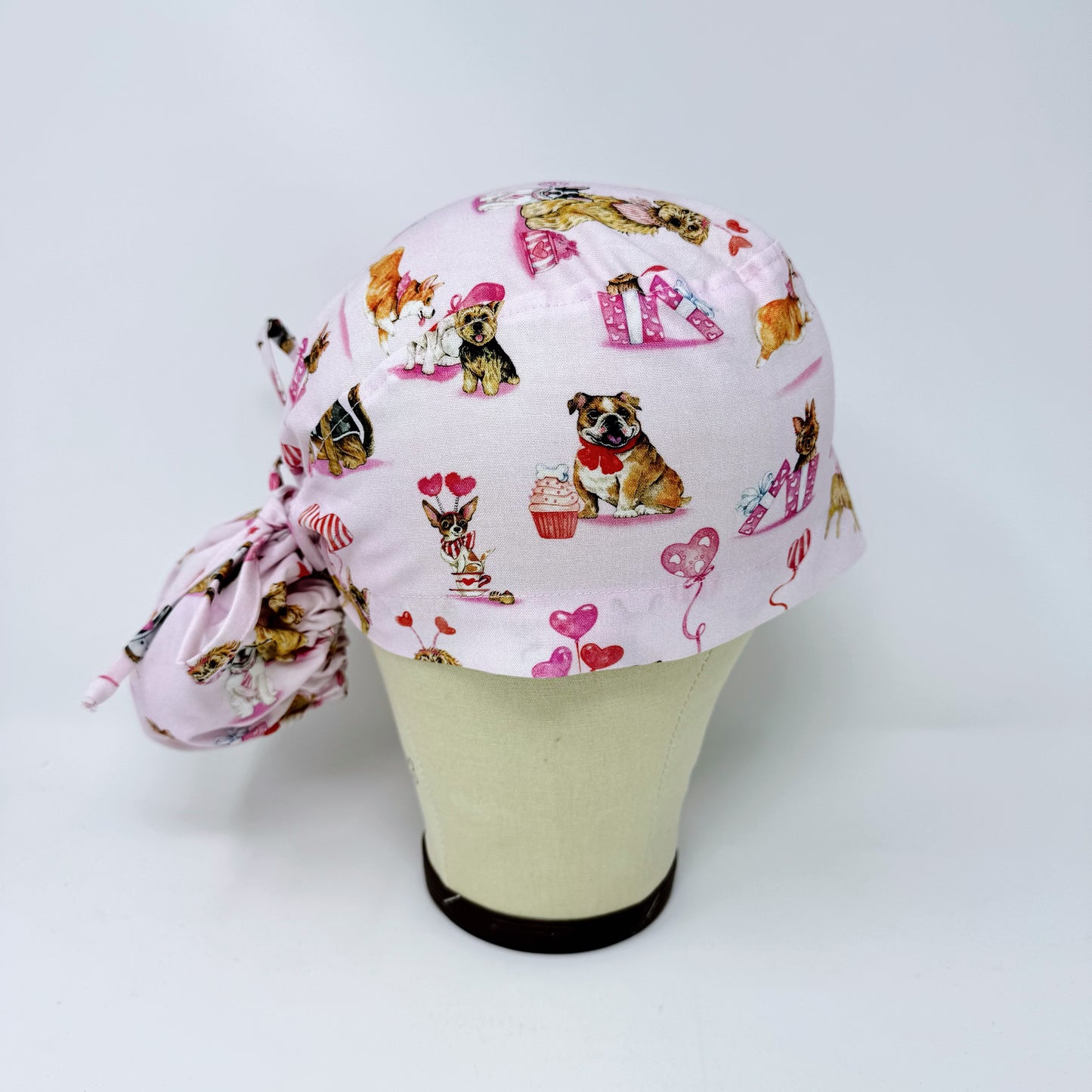 Valentine's day Ponytail scrub cap for women with Satin Lined by Paradise Caps. Dog scrub hat.