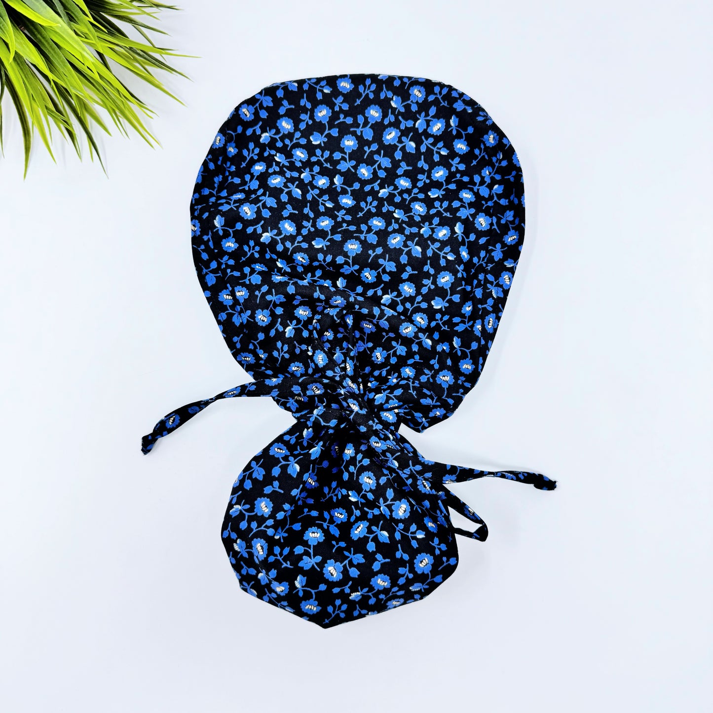 Blue Flower Ponytail scrub cap, Surgical cap women. Satin Lined Option Surgical cap with ponytail.