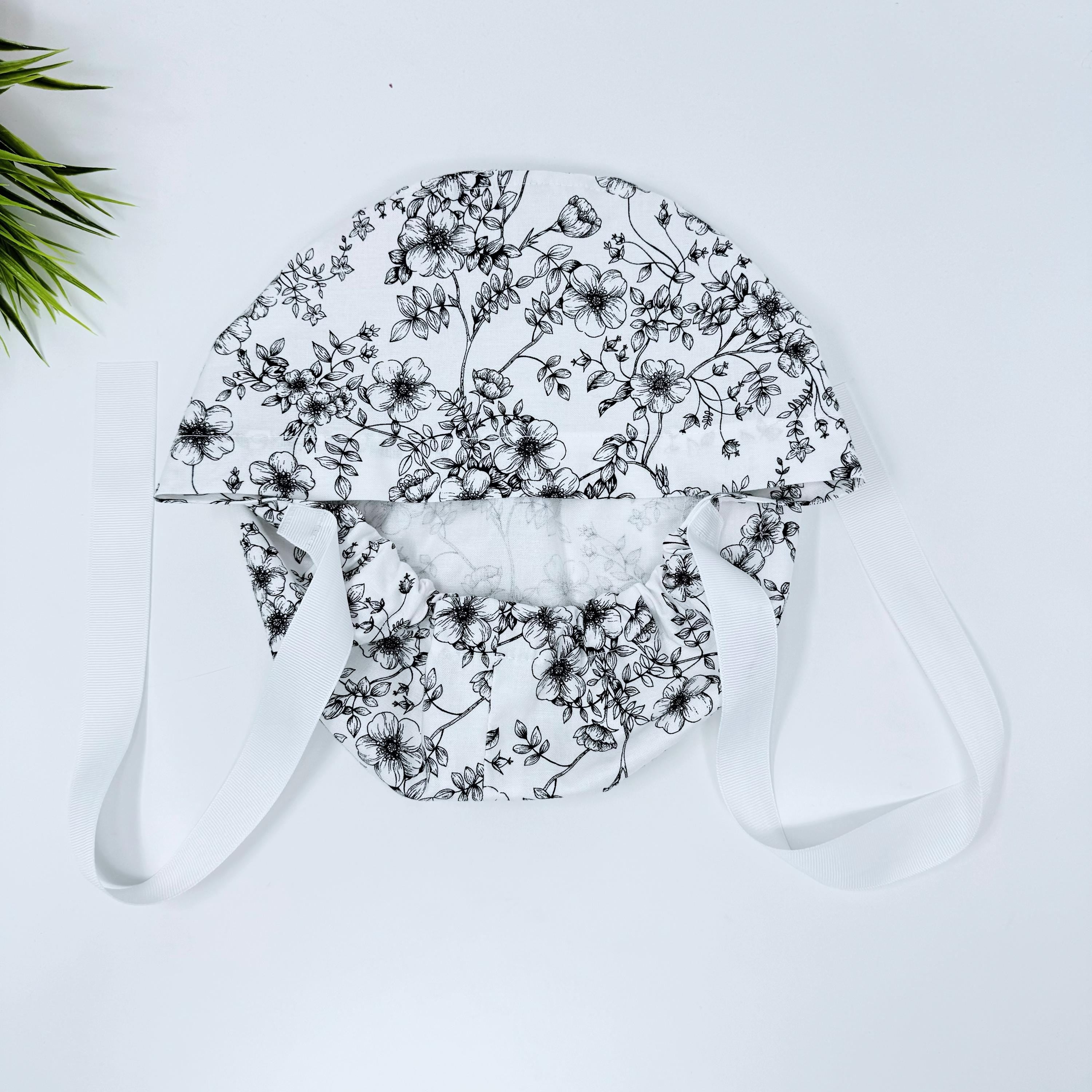 Flowers on white Euro PLUS style with ties Scrub Cap for Women, European Surgical cap with Satin Lined Option.