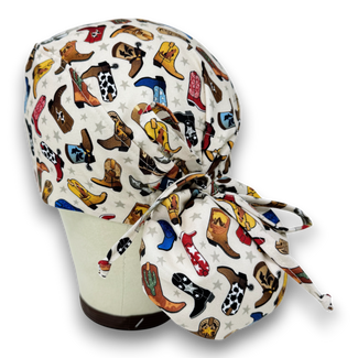 Cowboy Boots Ponytail scrub cap for women with satin lined option by Paradise Caps.