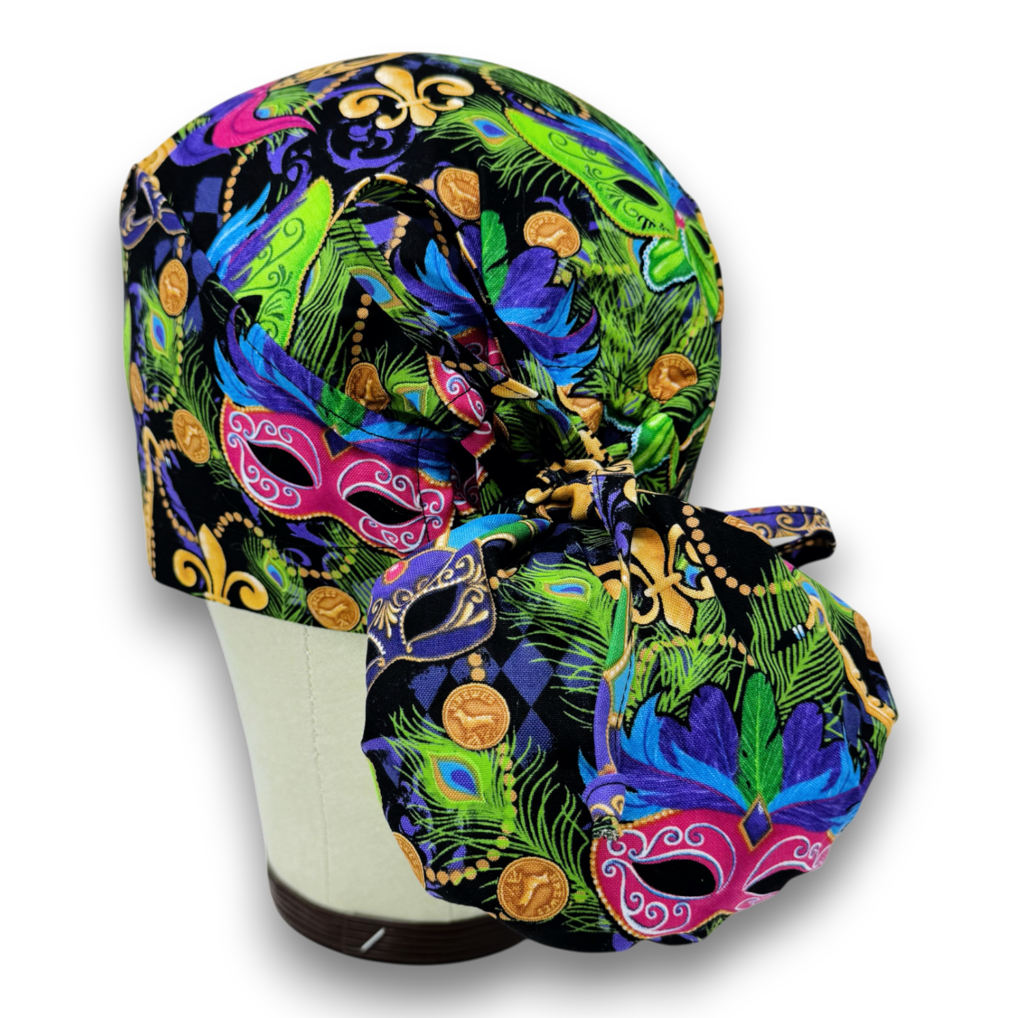 Mardi Gras Ponytail scrub cap for women with satin lined option by Paradise Caps.