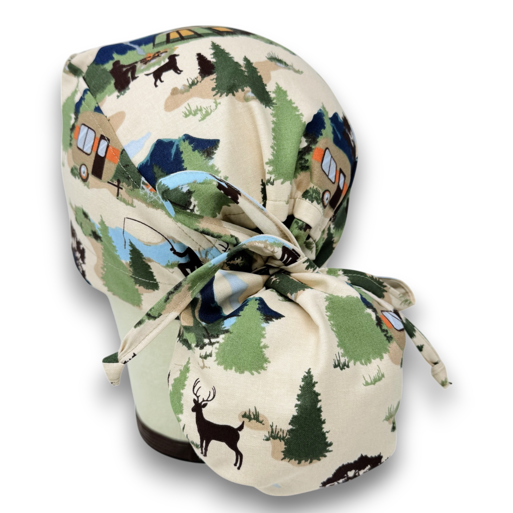Camping Ponytail scrub cap for women with satin lined option by Paradise Caps.