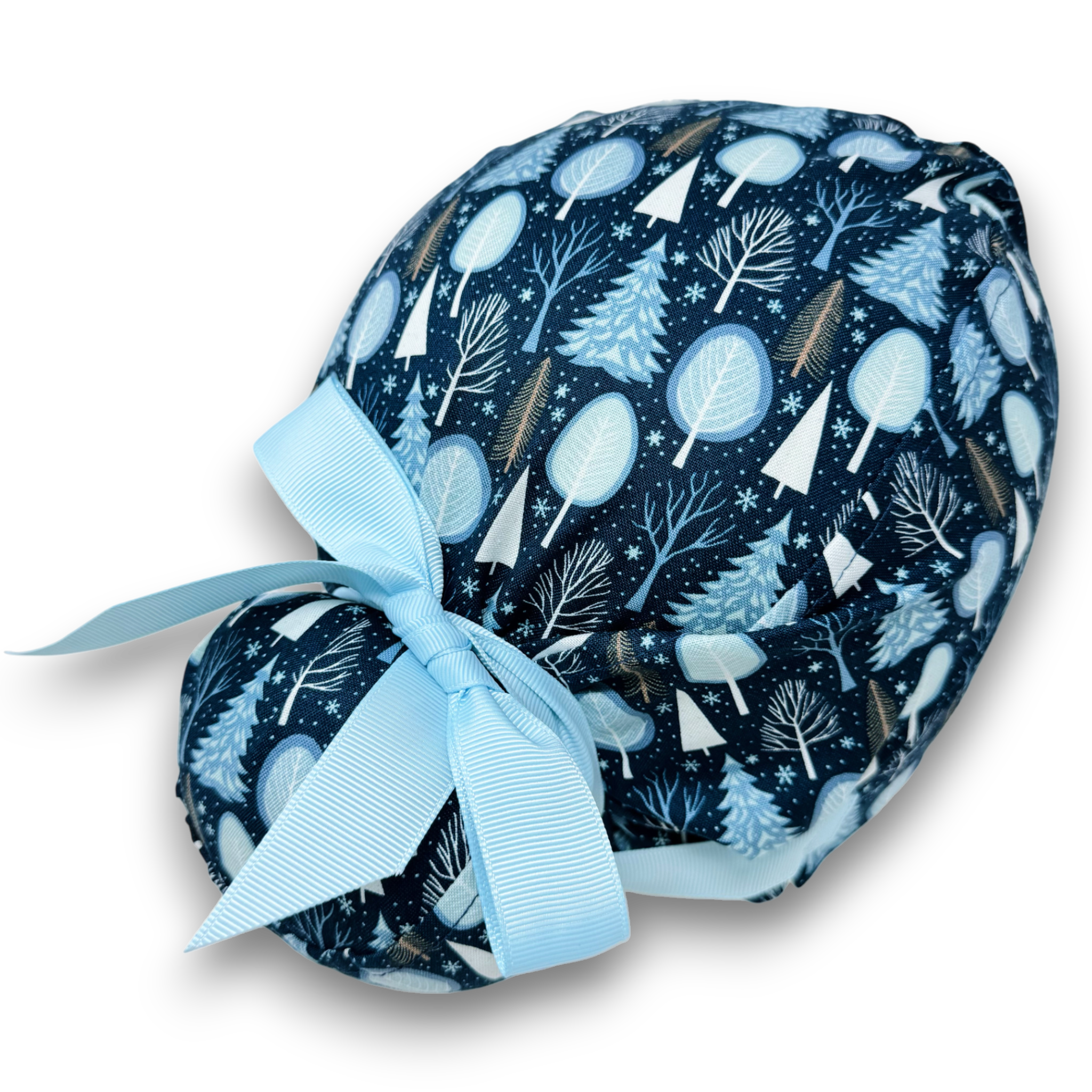 Christmas Euro scrub cap with ties. Winter tree European Surgical cap with Satin Lined option by Paradise Caps. Euro PLUS style. Blue.